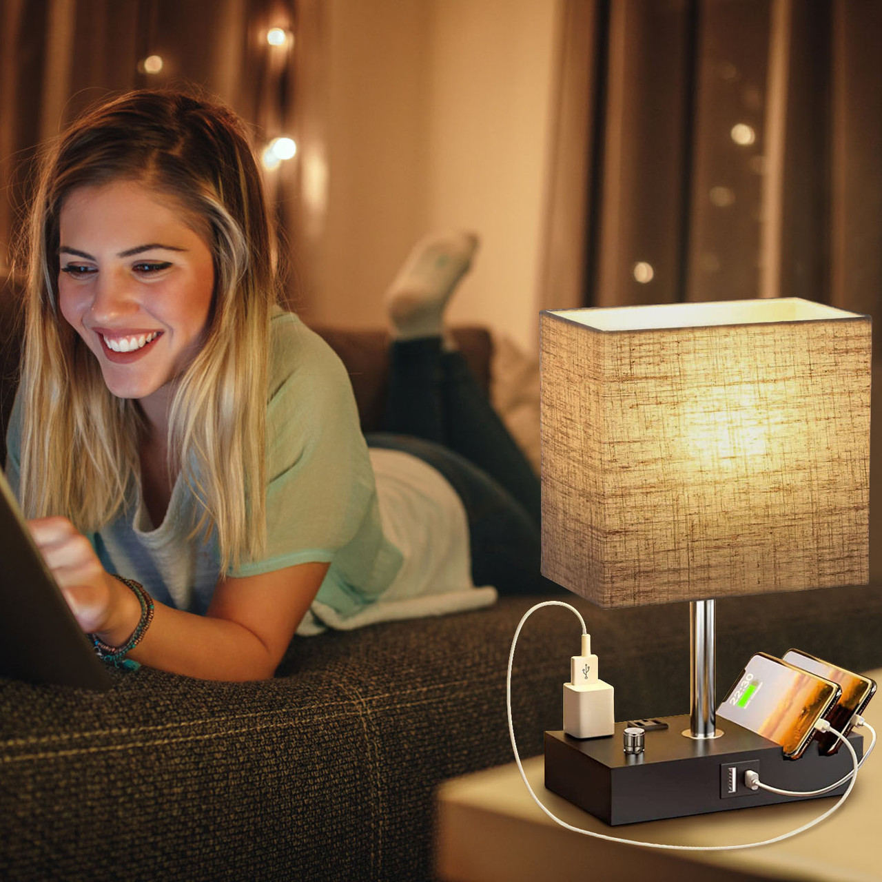 iMounTEK® Dimmable Desk Table Lamp with USB Ports and 2 AC Outlets product image
