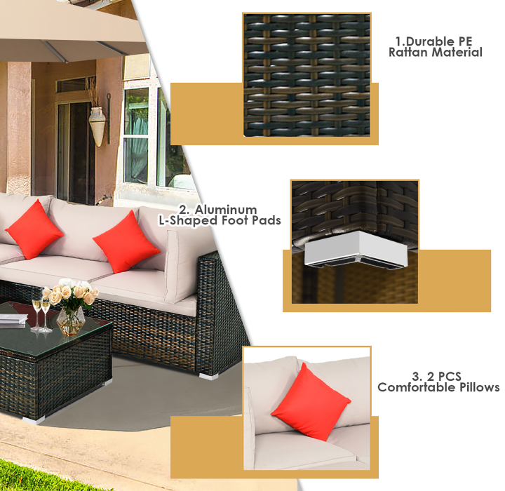 Rattan 5-Piece Outdoor Sectional Patio Set with Beige Cushions product image