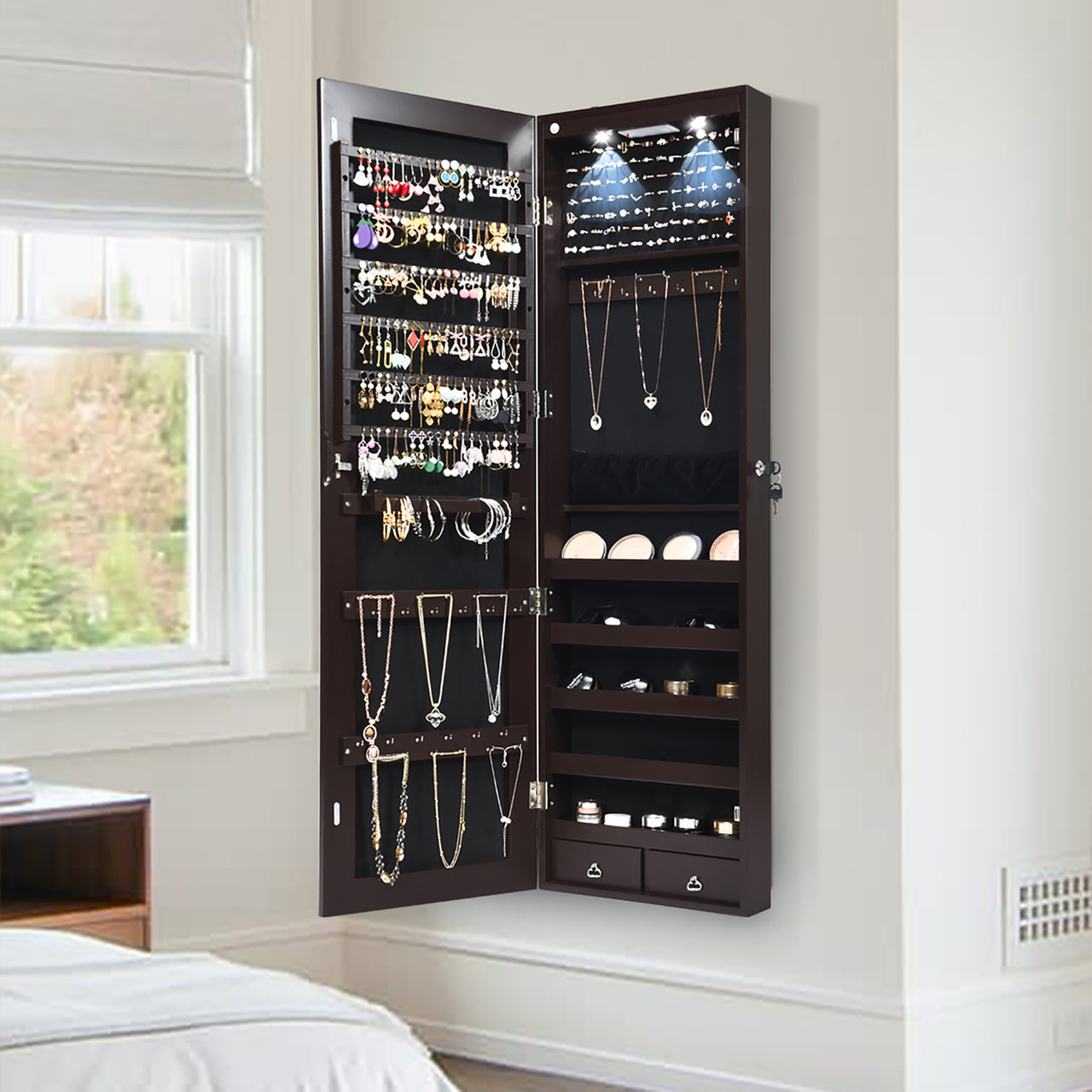 Wall- or Door-Mounted Jewelry Organizer with Mirror & 2 LEDs product image