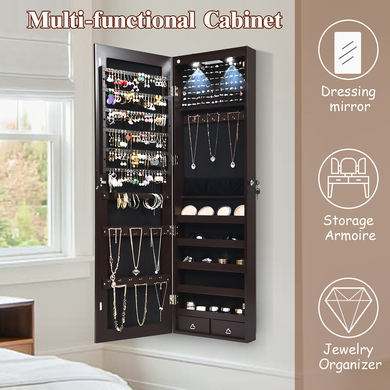 Wall- or Door-Mounted Jewelry Organizer with Mirror & 2 LEDs product image