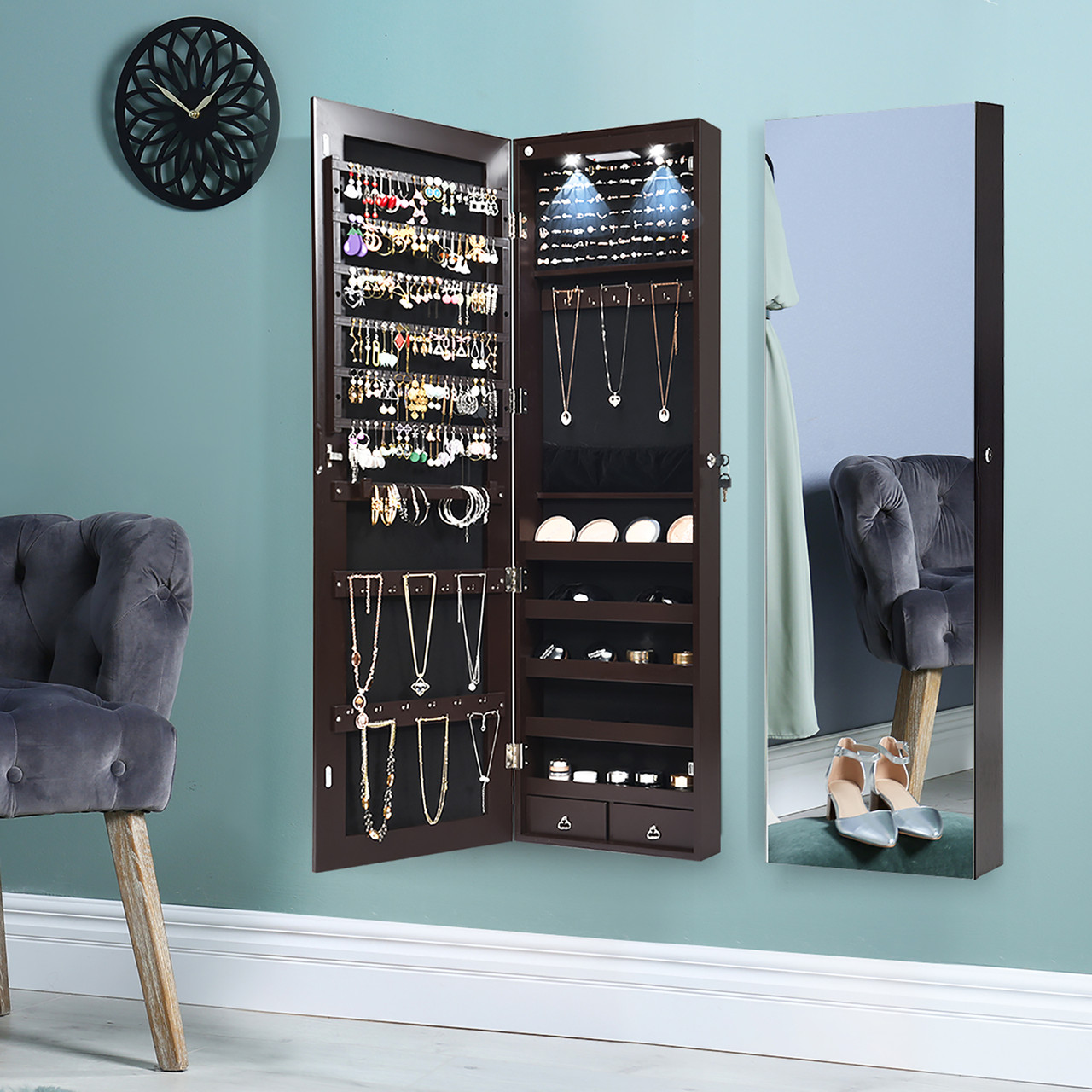 Wall- or Door-Mounted Jewelry Organizer with Mirror & 2 LEDs product image