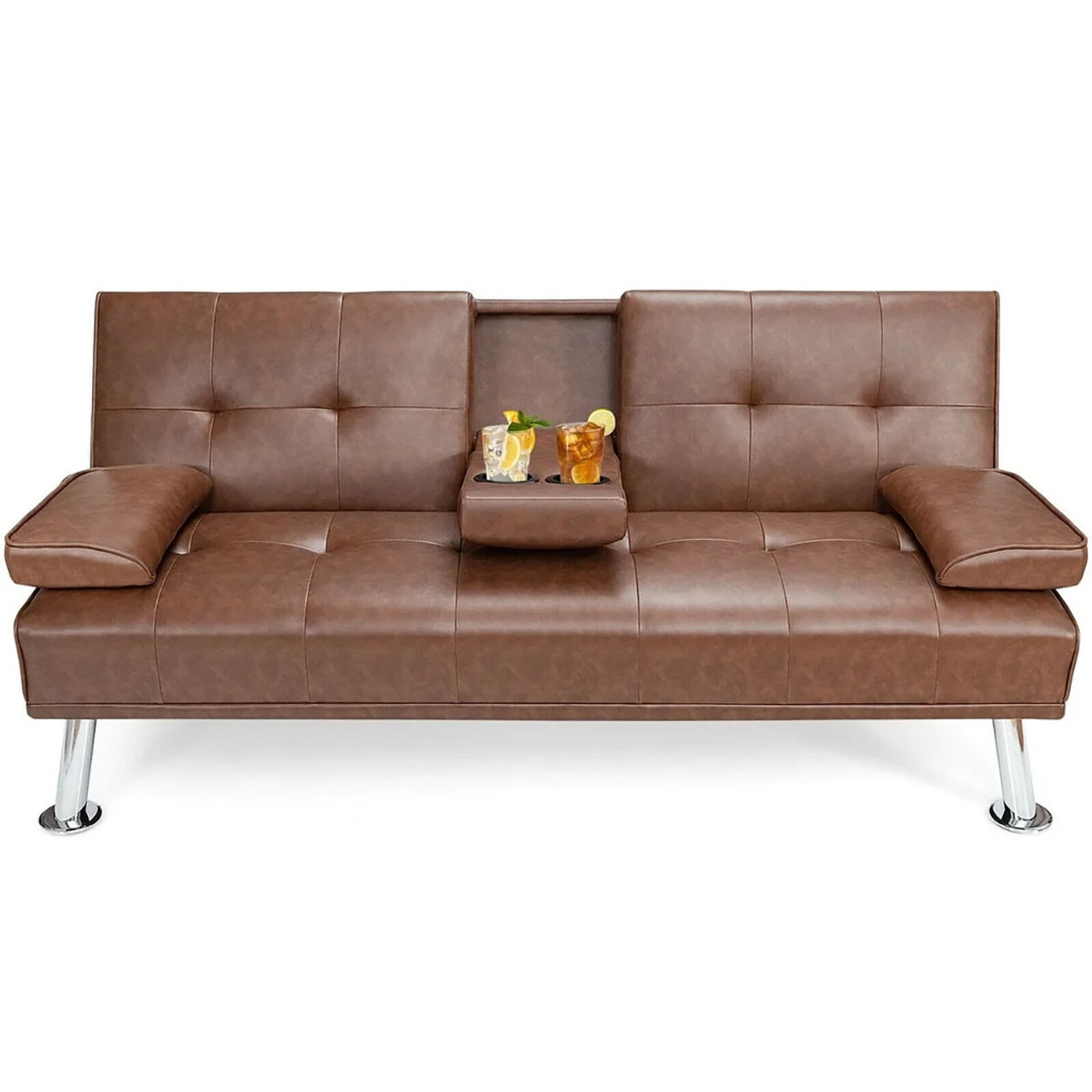 Convertible Folding Leather Futon Sofa with Cup Holders and Armrests product image