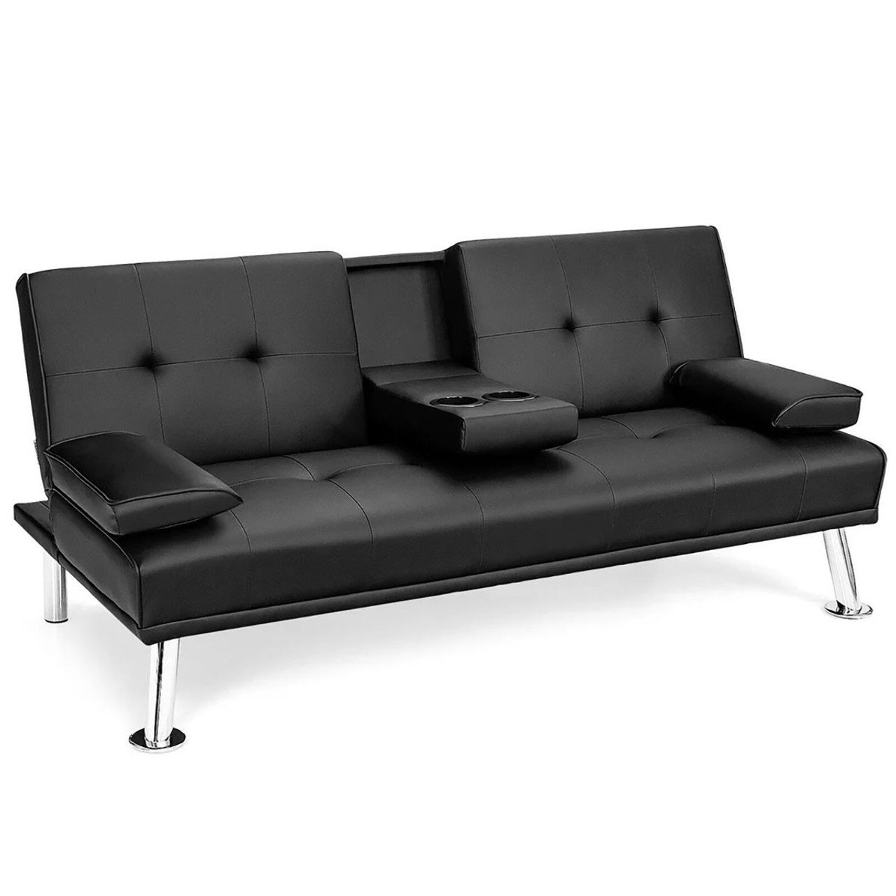 Convertible Folding Leather Futon Sofa with Cup Holders and Armrests product image