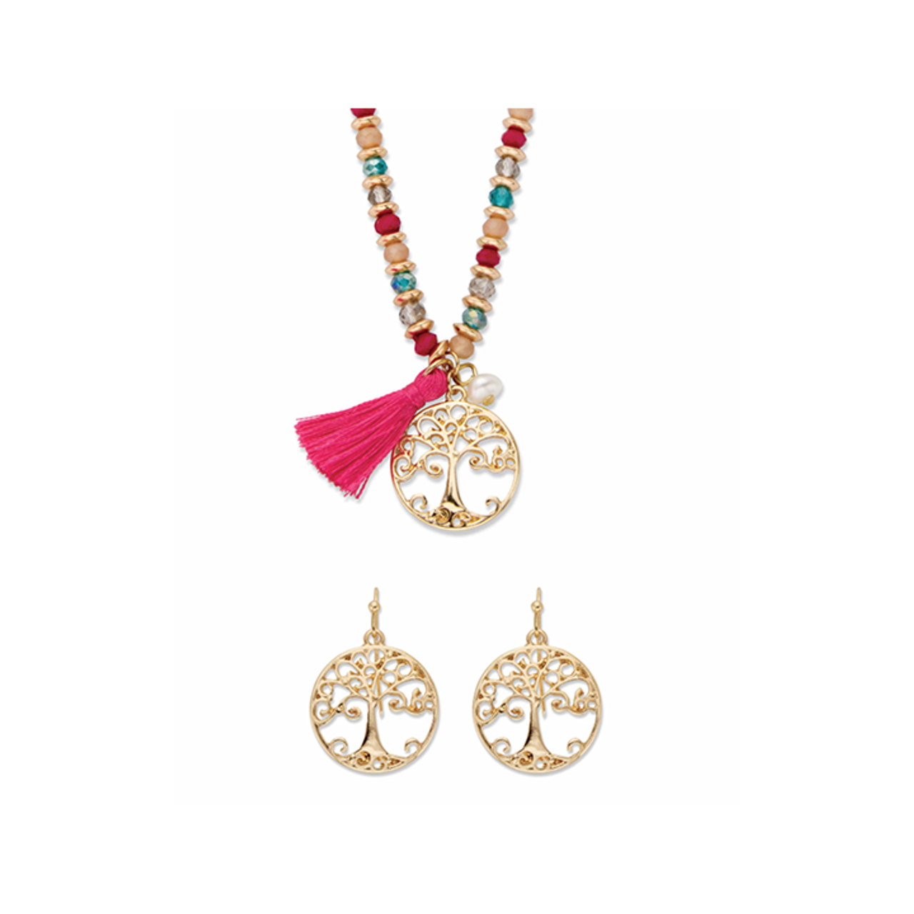 Beaded Crystal and Simulated Pearl Tree of Life Necklace and Earring Set product image