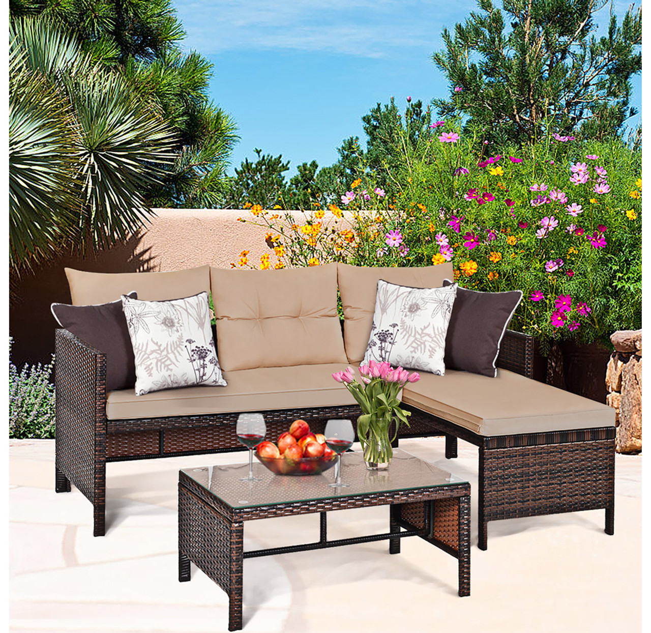 Rattan Outdoor 3-Piece Chaise Sofa Set with Table product image