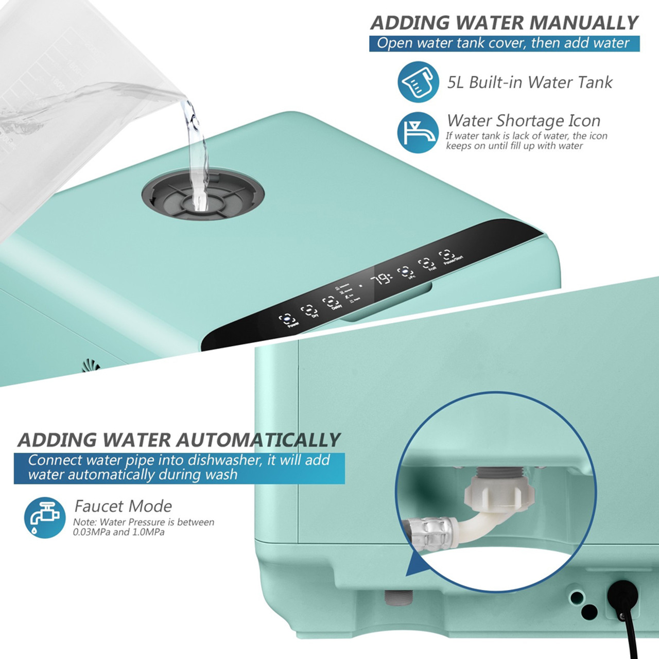 Portable Countertop Dishwasher Air Drying 5 Programs with 7.5L Water Tank