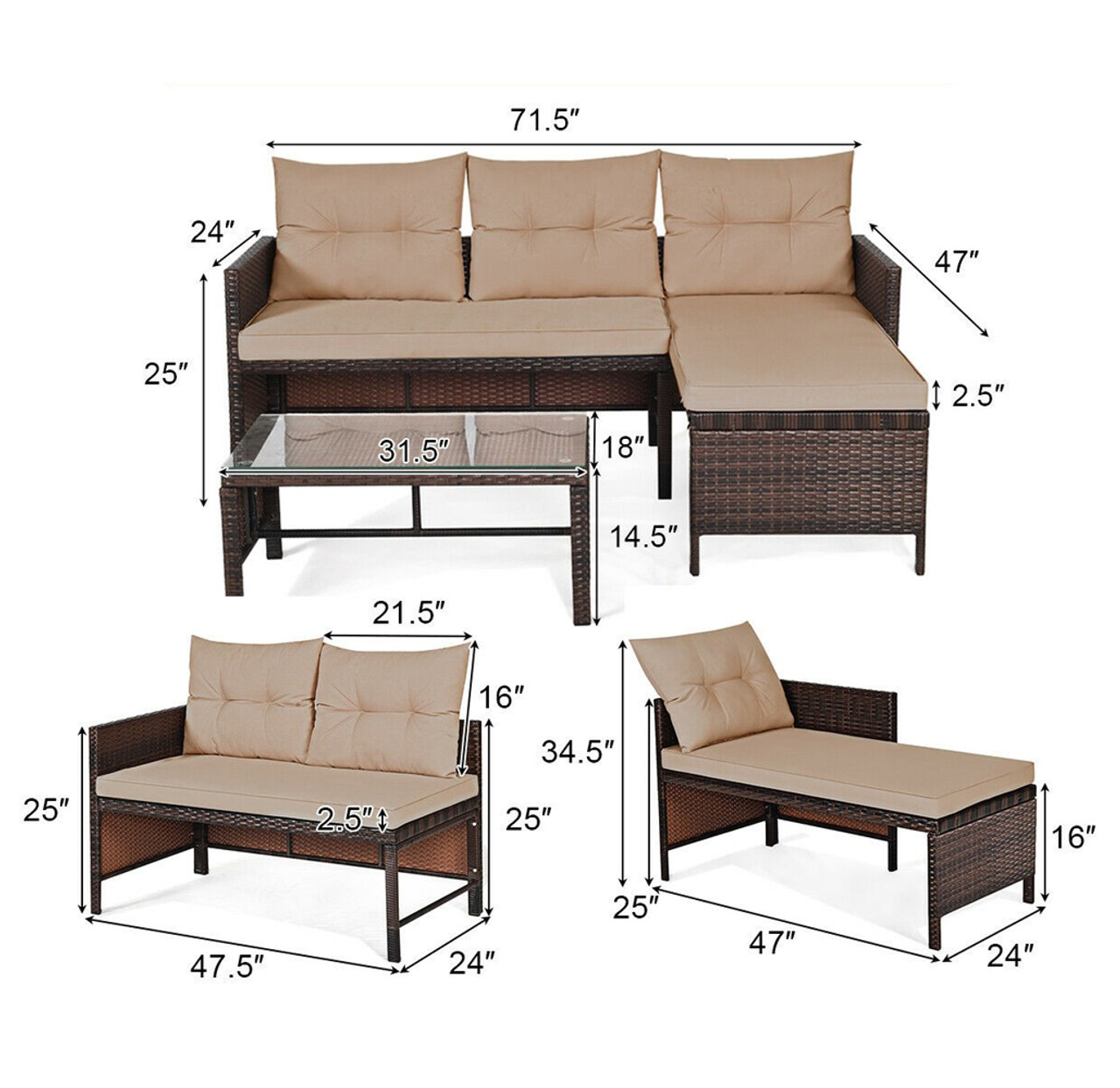 Rattan Wicker Outdoor 3-Piece Patio Sectional product image