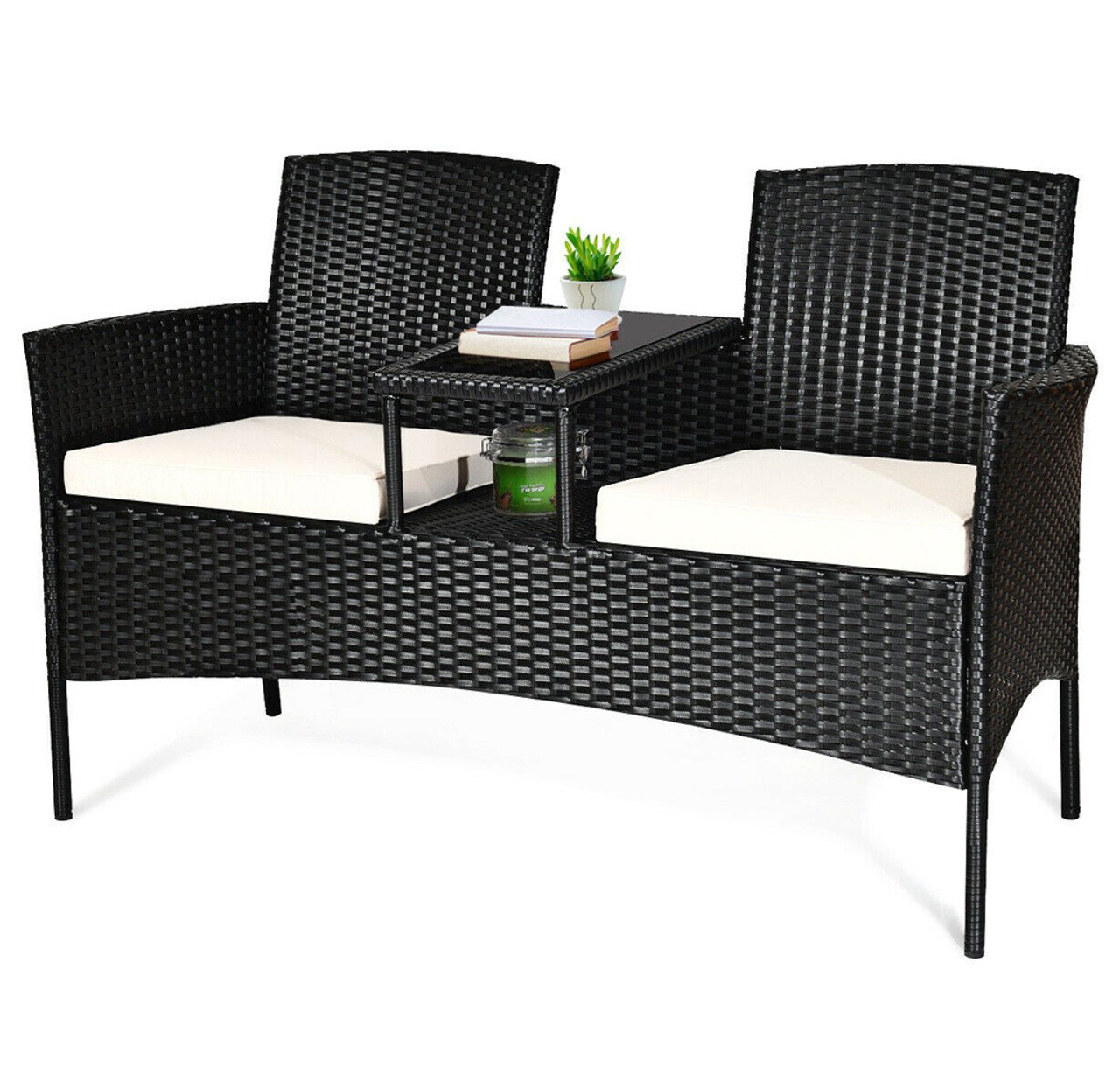Rattan Conversation Loveseat with Glass Top Table product image