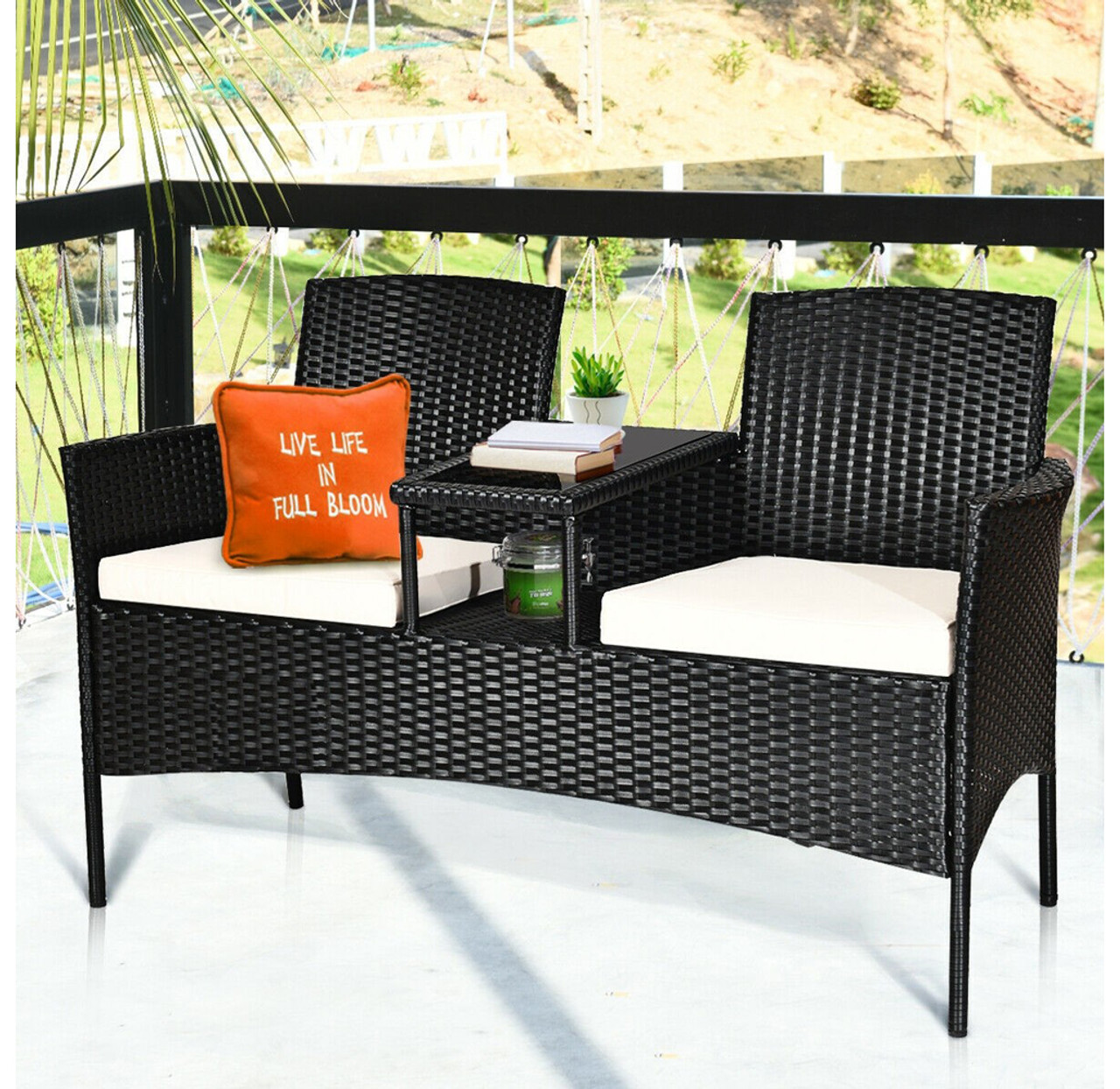 Rattan Conversation Loveseat with Glass Top Table product image