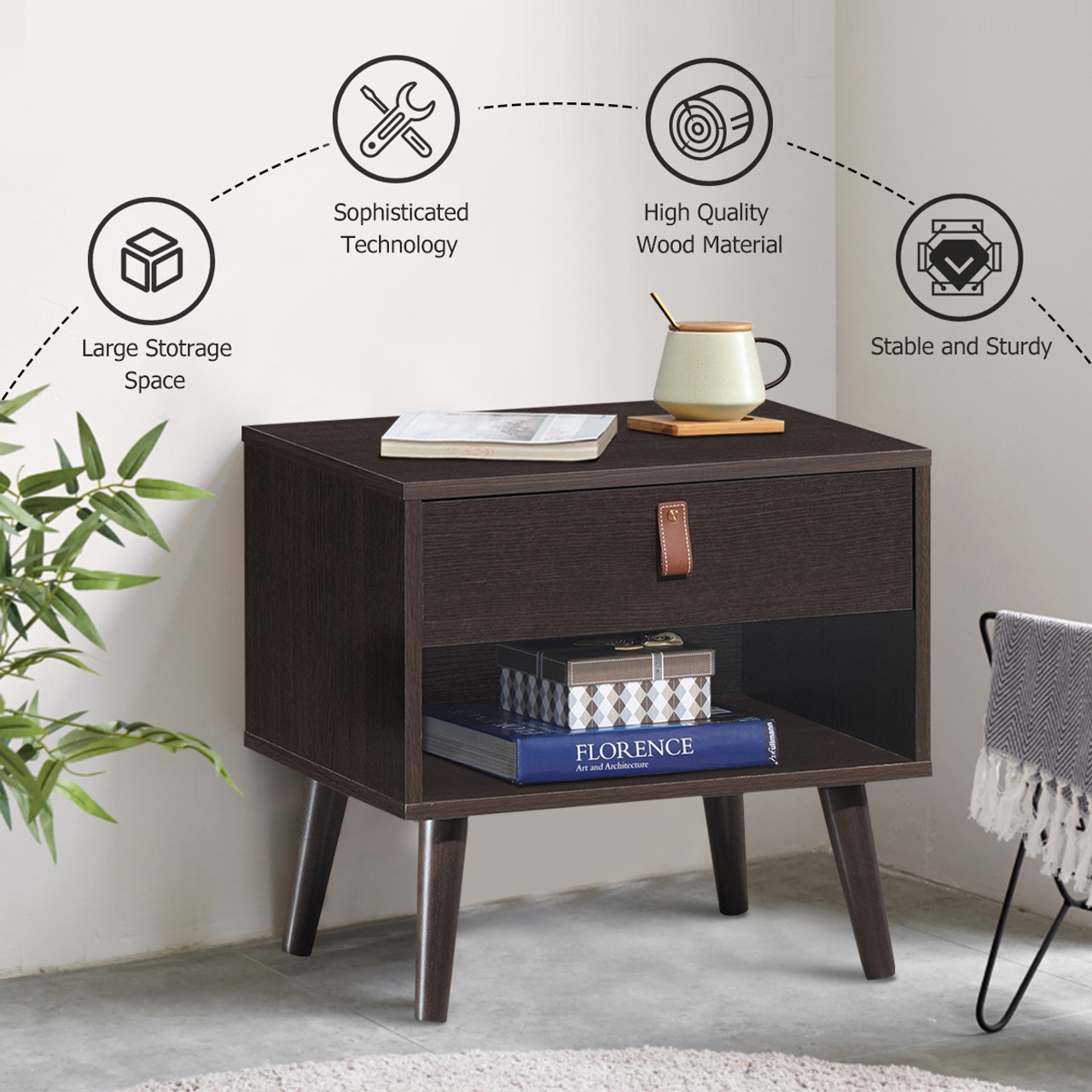 Mid-Century Style Nightstand with Drawer Storage Shelf product image