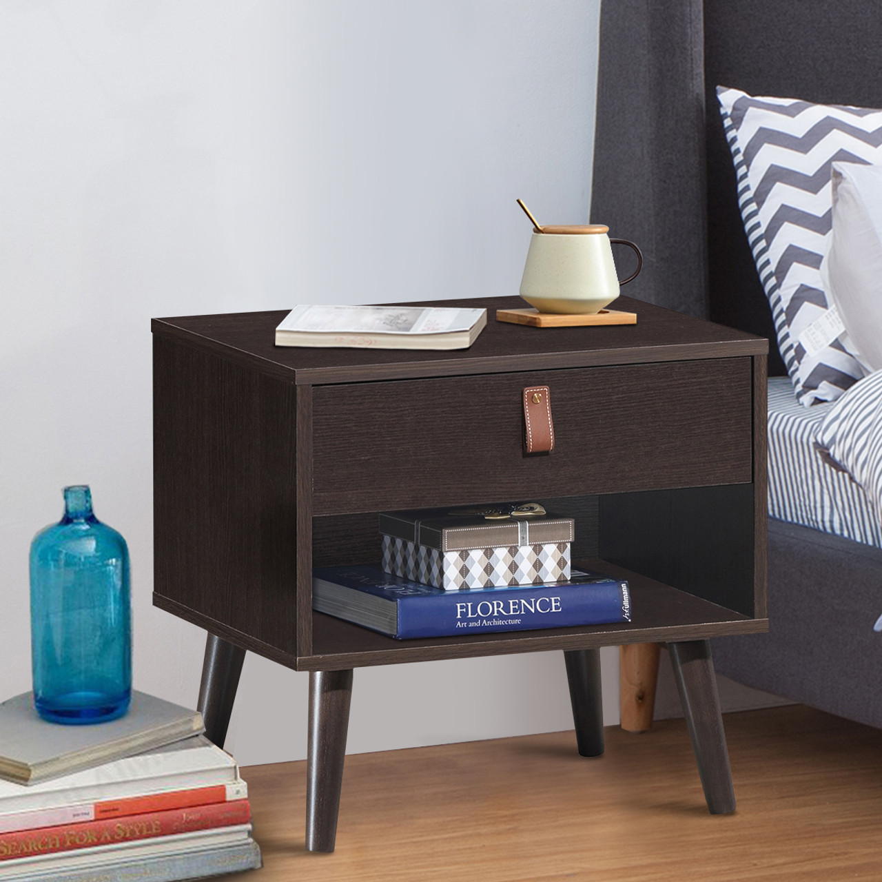 Mid-Century Style Nightstand with Drawer Storage Shelf product image