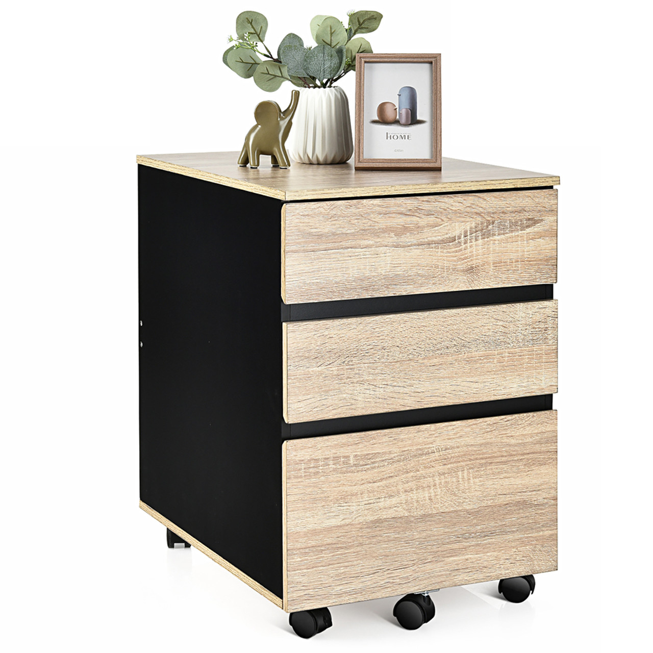 Black and Natural Wood 3-Drawer Mobile Cabinet product image
