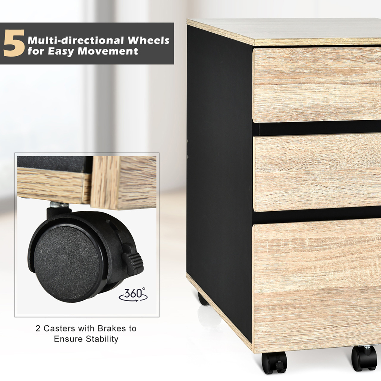 Black and Natural Wood 3-Drawer Mobile Cabinet product image