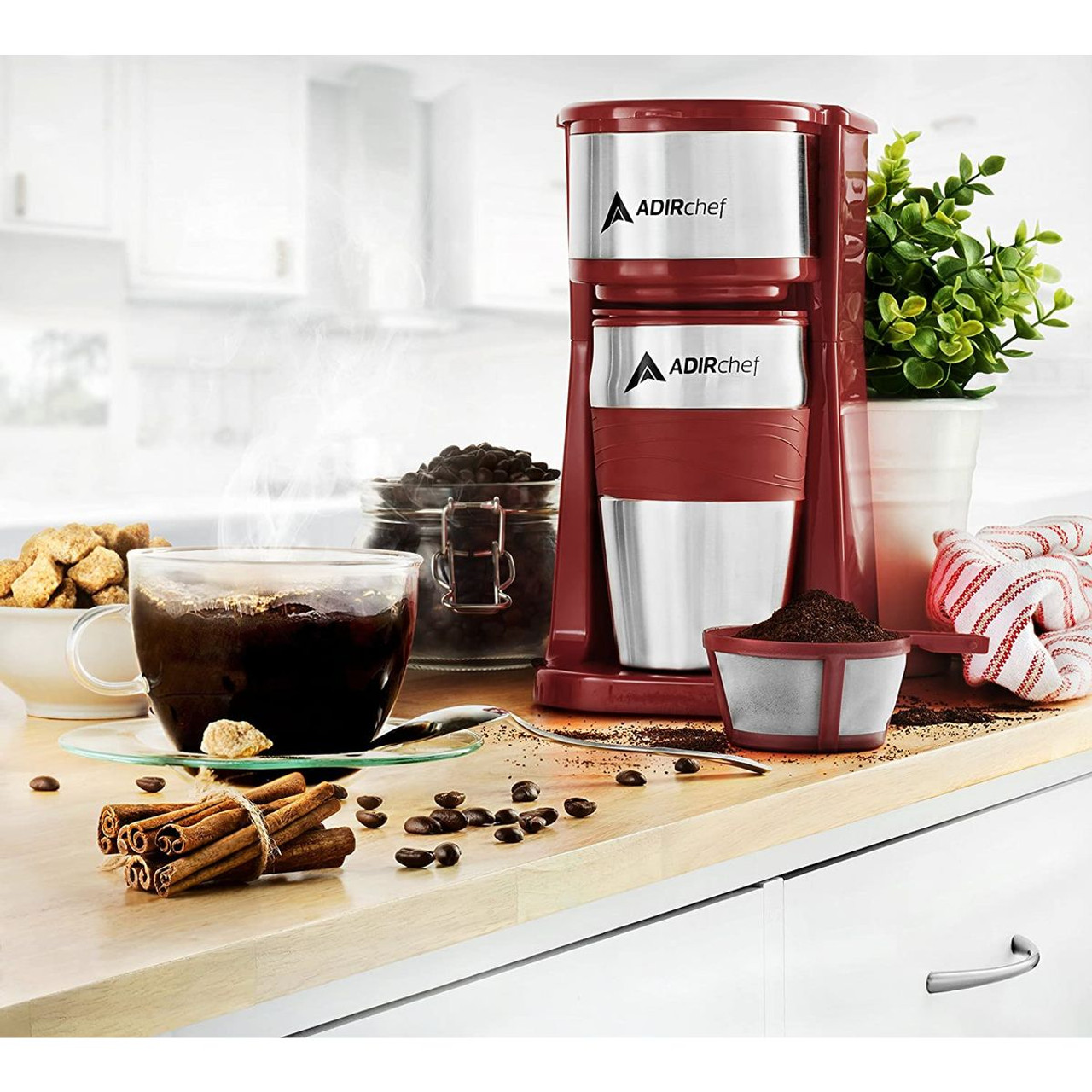 AdirChef Mini Single Serve Coffee Maker & 15 oz. Travel Mug & Reusable Filter product image