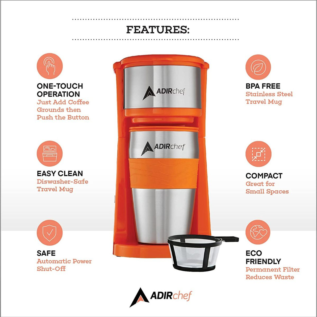 AdirChef Mini Single Serve Coffee Maker & 15 oz. Travel Mug & Reusable Filter product image