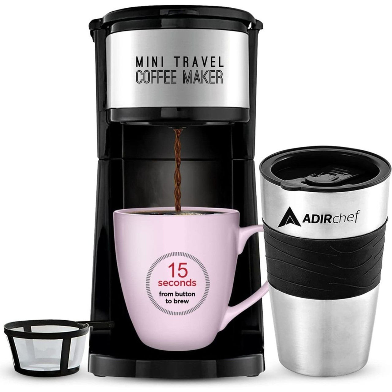 AdirChef Mini Single Serve Coffee Maker & 15 oz. Travel Mug & Reusable Filter product image