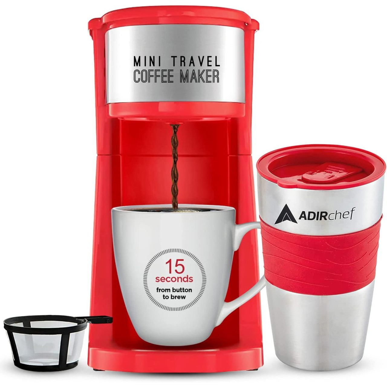 AdirChef Mini Single Serve Coffee Maker & 15 oz. Travel Mug & Reusable Filter product image