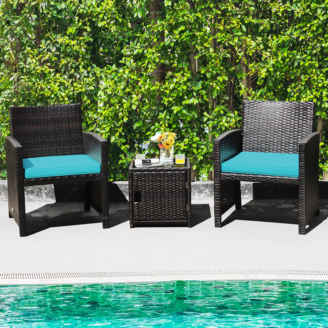 3-Piece Patio PE Rattan Conversation Bistro Furniture Set with Waterproof Covers product image