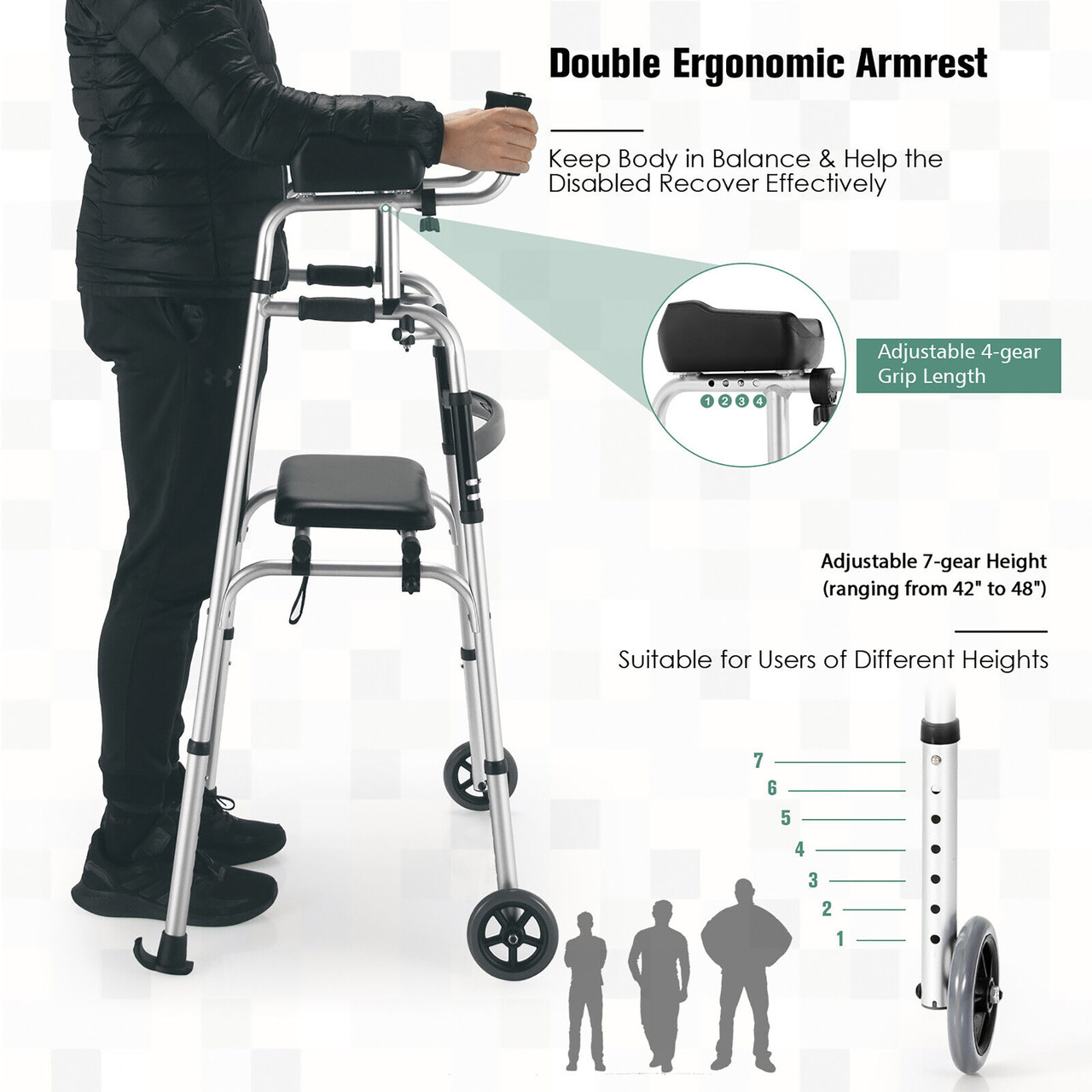 Foldable Aluminum Alloy Walker with Seat & Armrests product image Foldable Aluminum Alloy Walker with Seat & Armrests product image