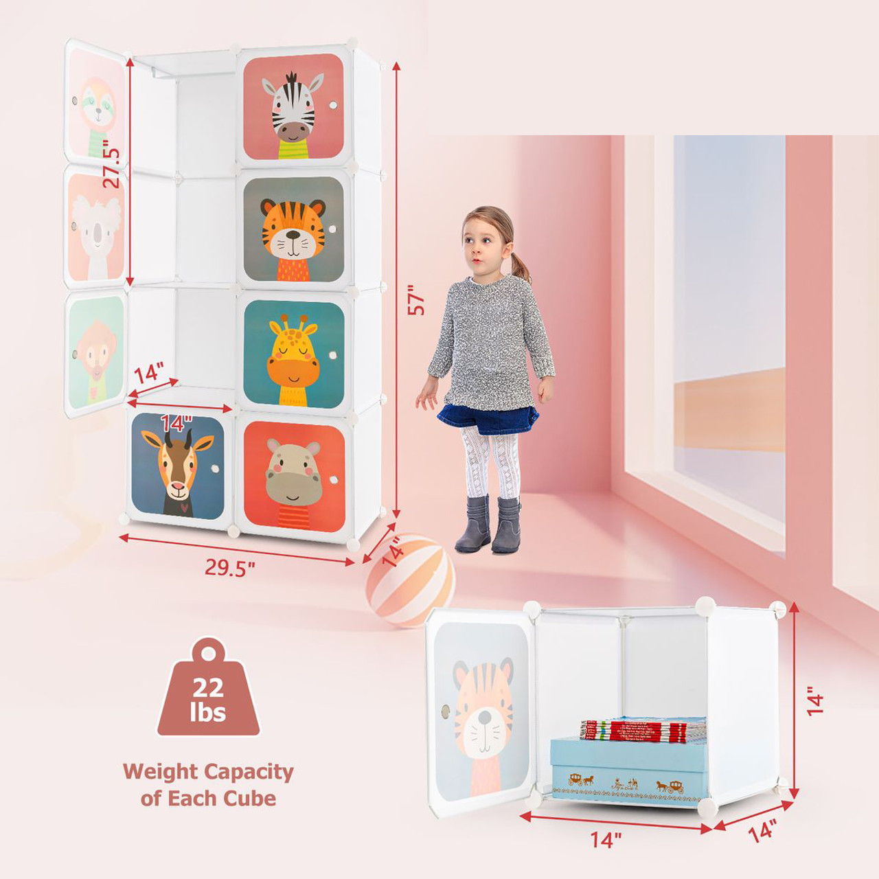 Kids' 8-Cube Wardrobe Closet with Hanging Section and Doors product image