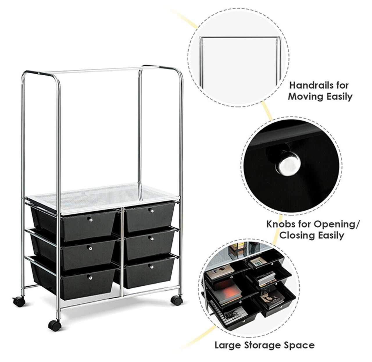 6-Drawer Rolling Storage Cart with Hanging Bar product image