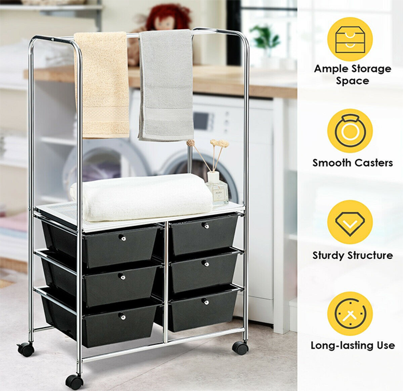 6-Drawer Rolling Storage Cart with Hanging Bar product image