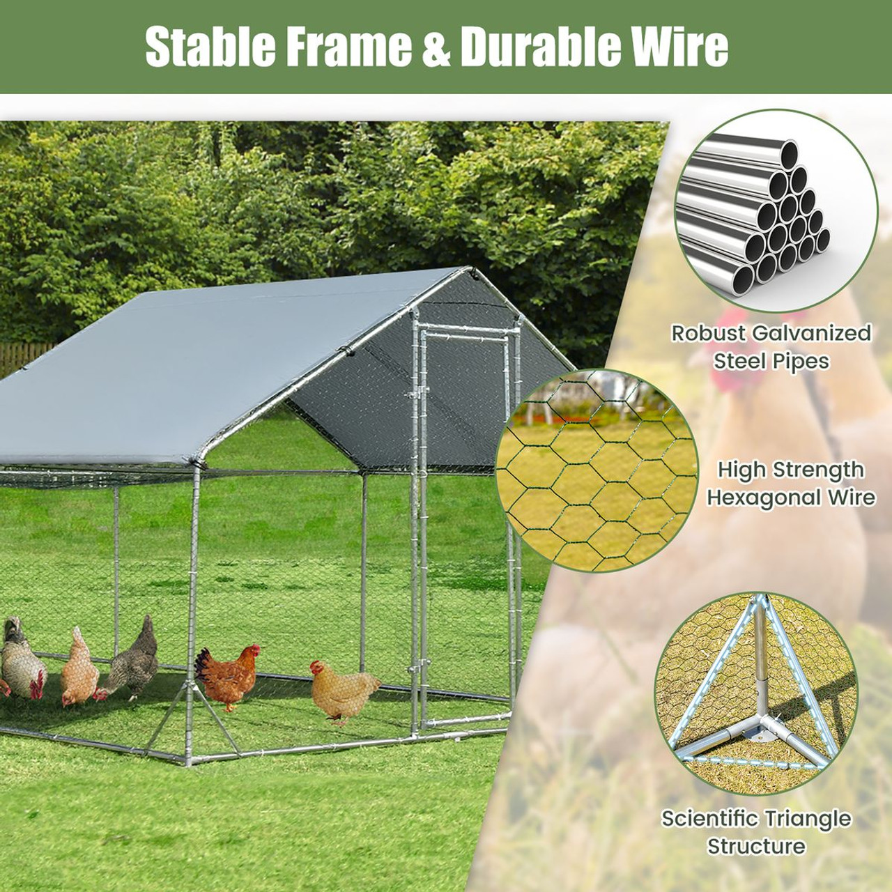 Goplus Large Metal Chicken Coop Walk-in Poultry Cage w/ Water-UV Cover product image