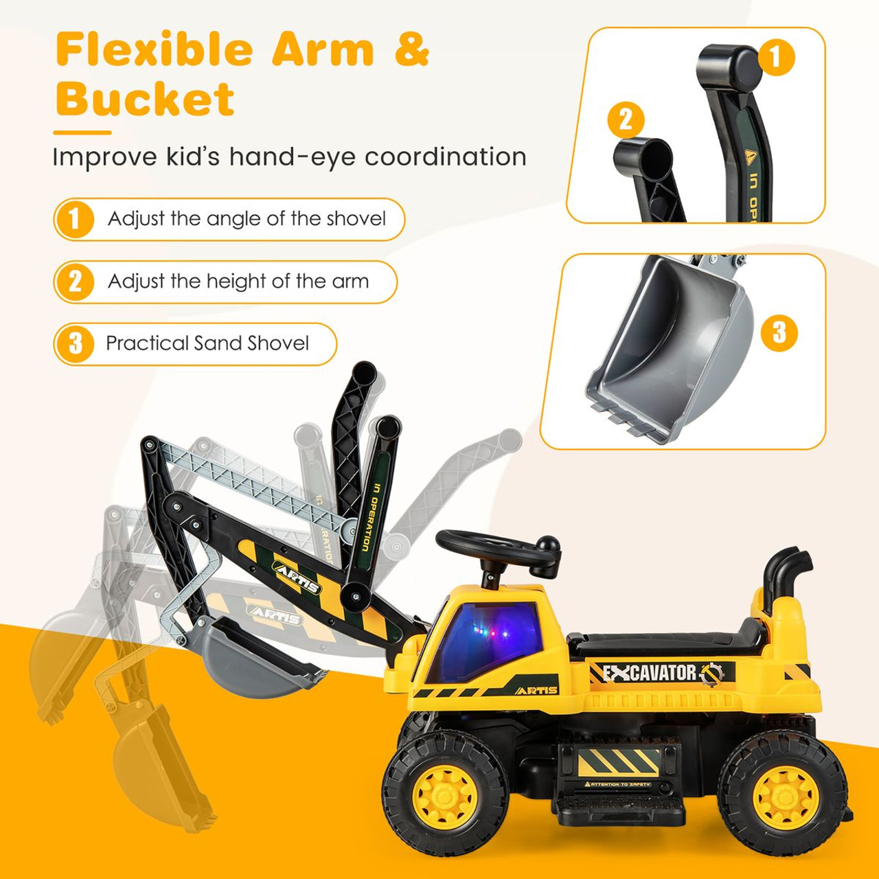 Kids' Powered Ride-on Bulldozer with Front Digger Shovel, ASTM-Certification product image