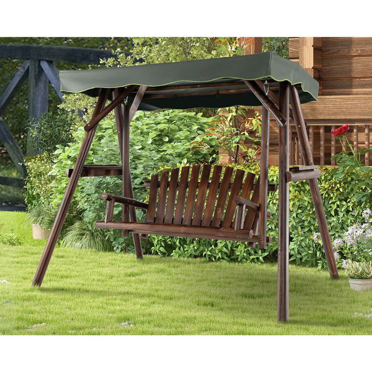 2-Person Outdoor Wooden Porch Swing with Adjustable Canopy product image