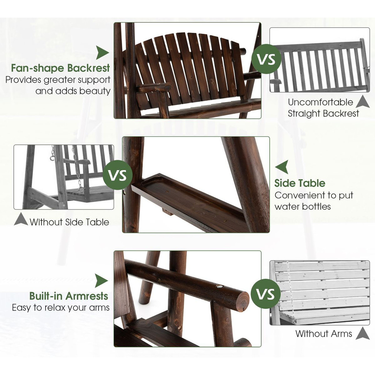 2-Person Outdoor Wooden Porch Swing with Adjustable Canopy product image