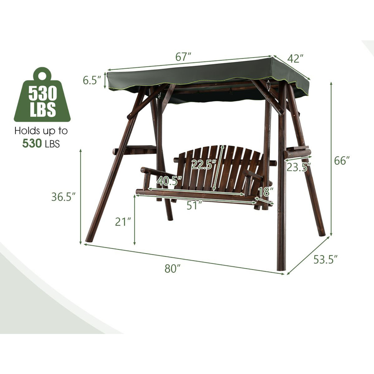 2-Person Outdoor Wooden Porch Swing with Adjustable Canopy product image