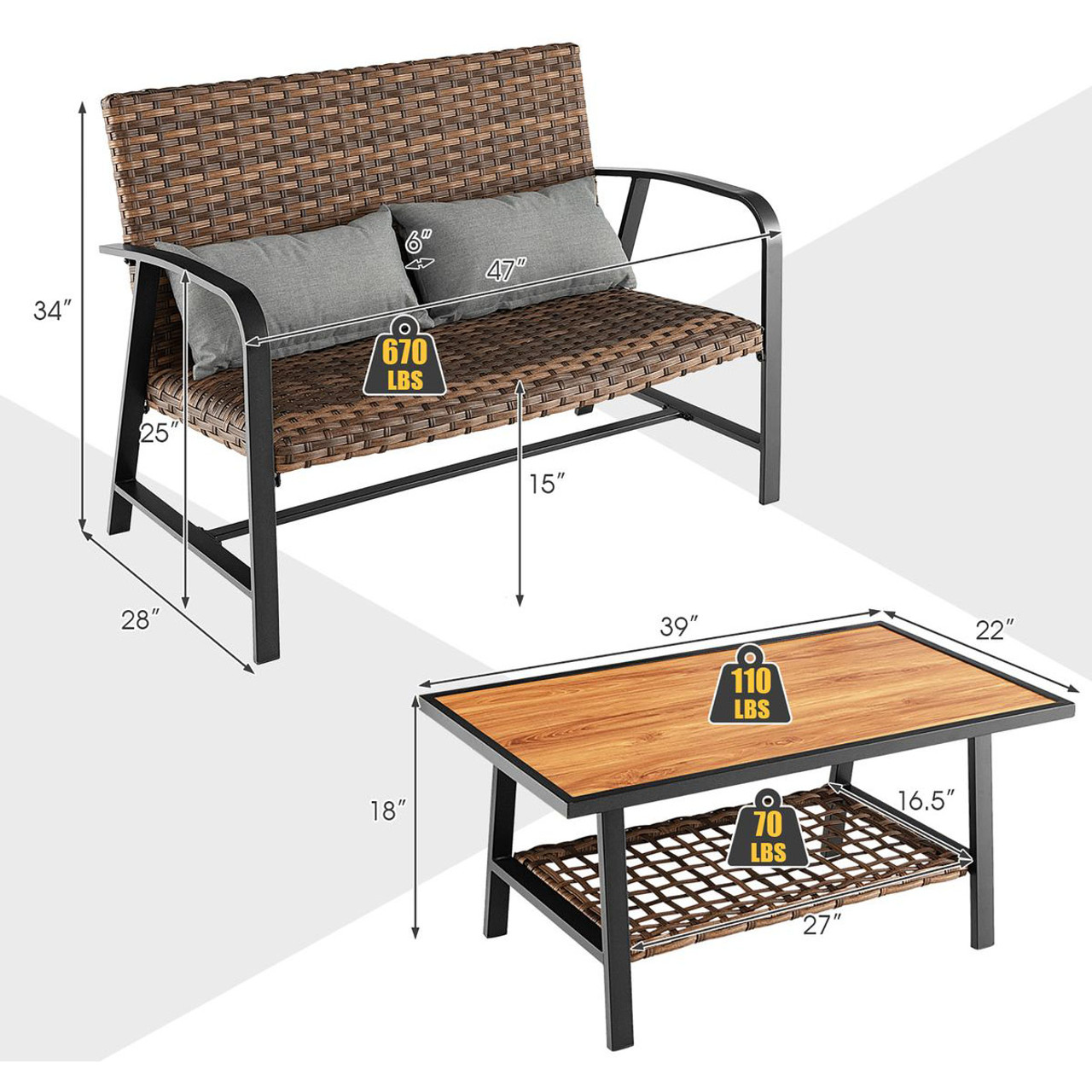 2-Piece Patio Rattan Coffee Table Set with Shelf product image