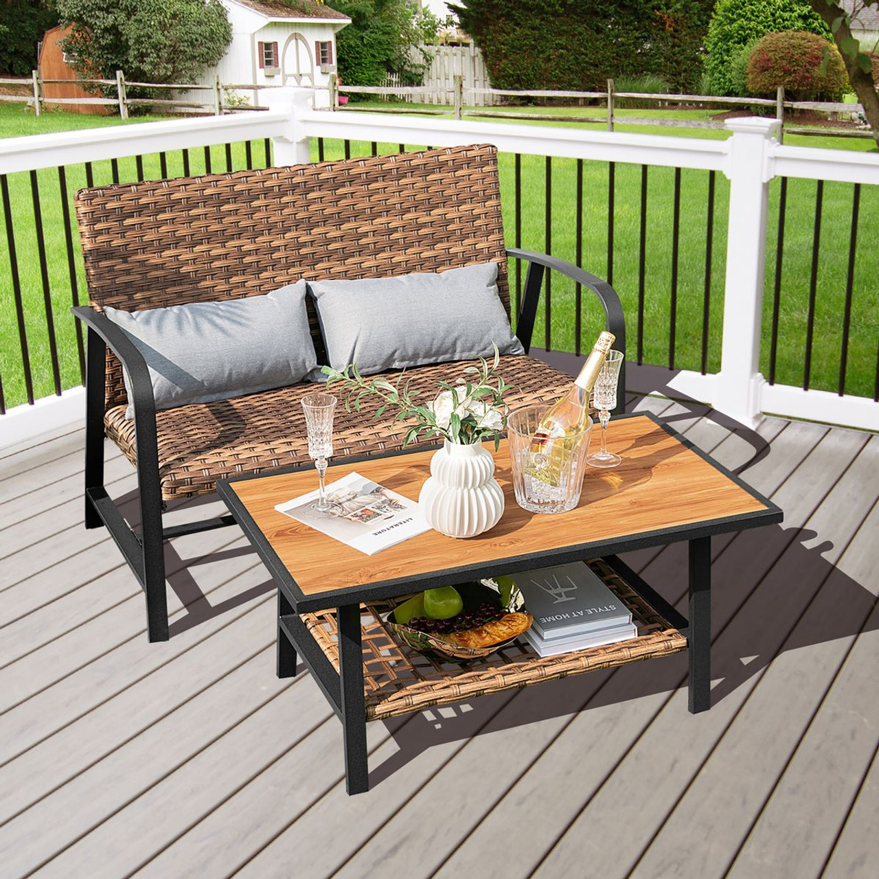 2-Piece Patio Rattan Coffee Table Set with Shelf product image