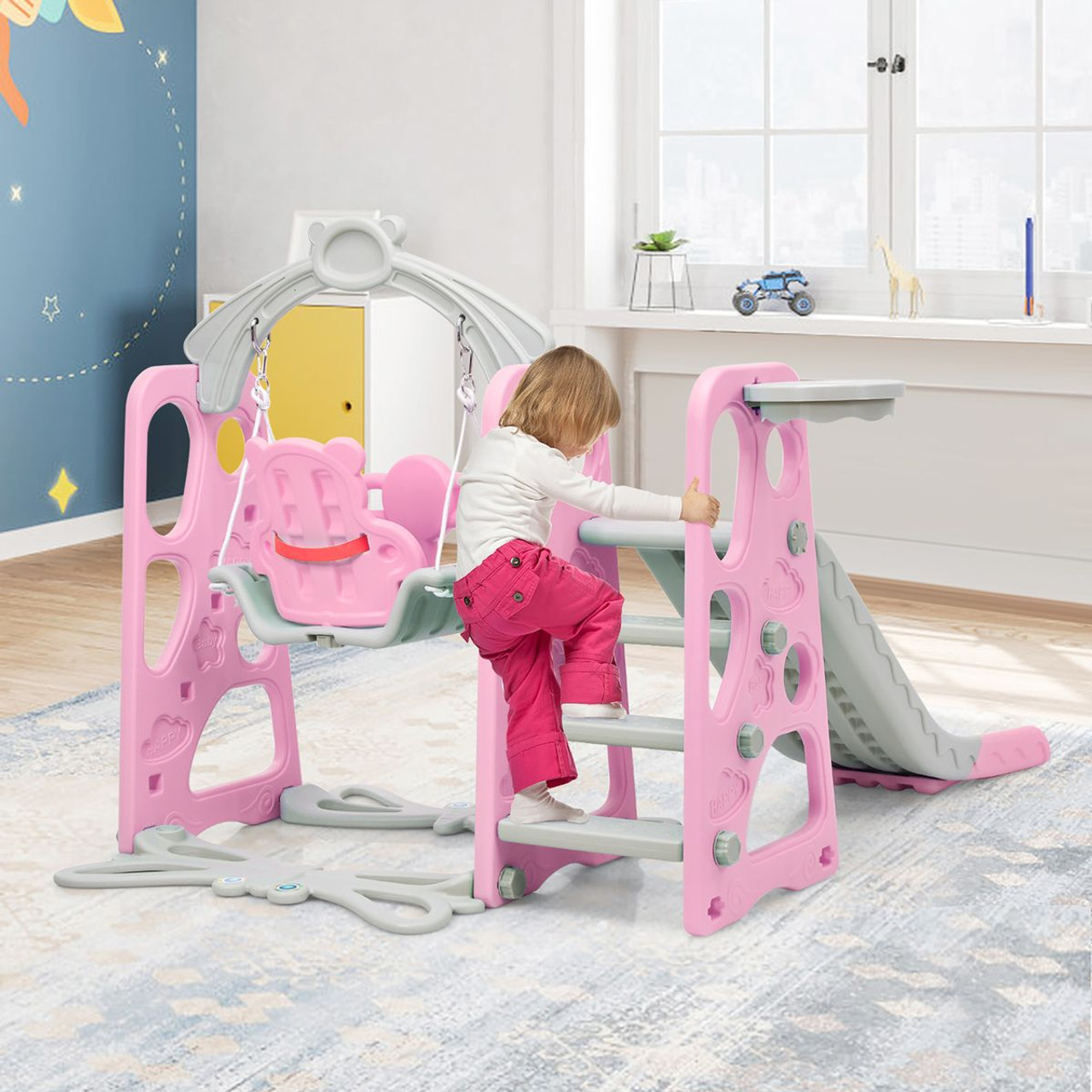 Goplus 4-in-1 Toddler Climber & Swing Set, Basketball Hoop & Ball-Pink product image