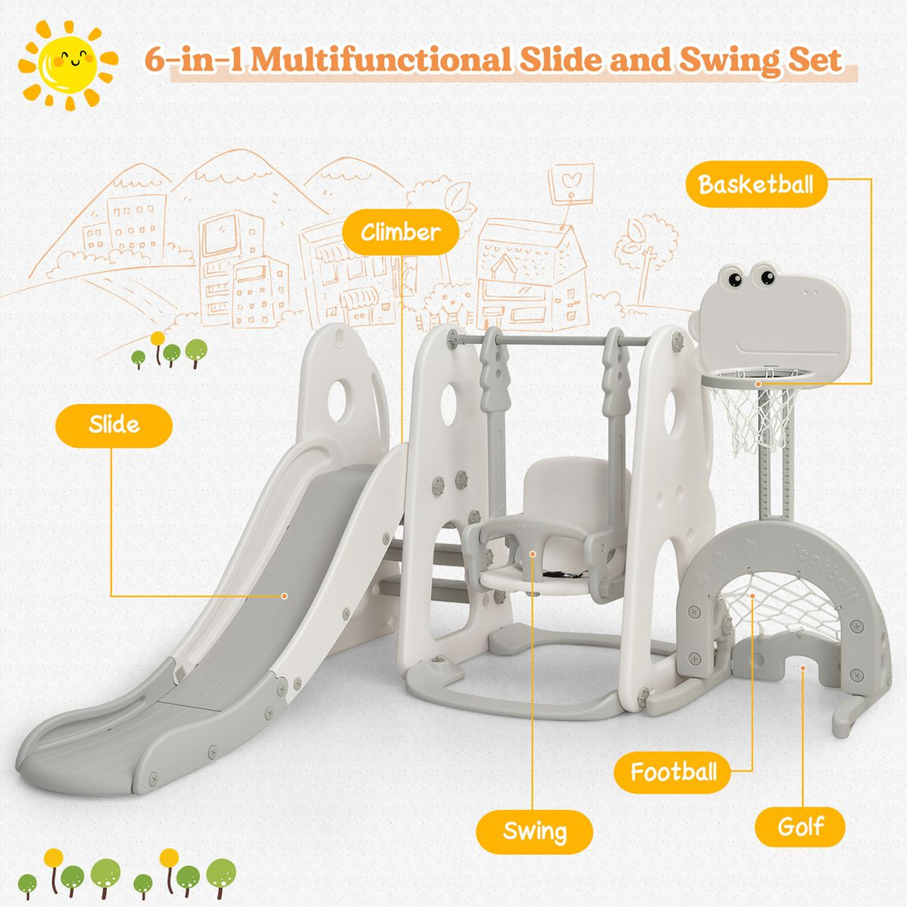 Toddlers' 6-in-1 Slide and Swing Set with Ball Games, White product image