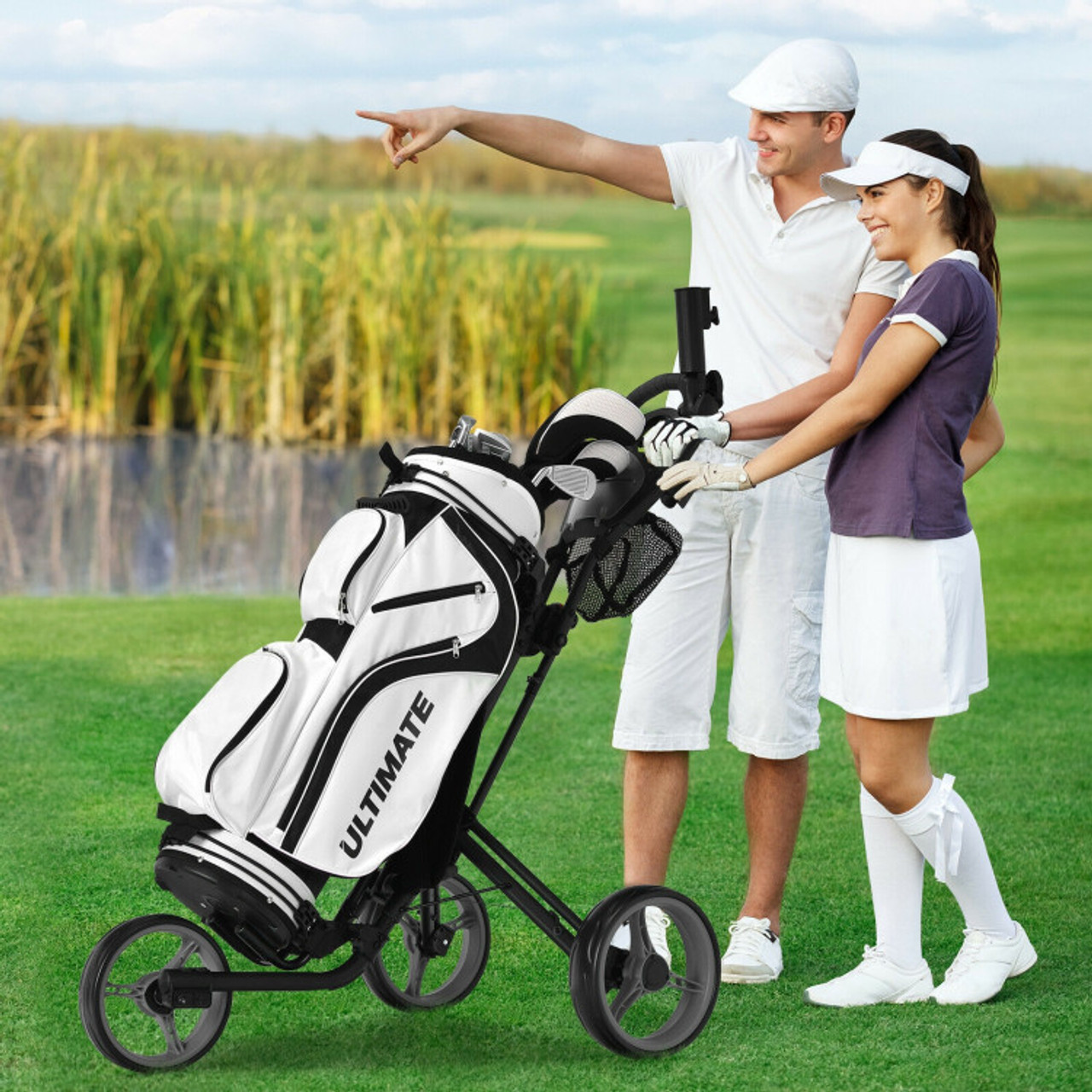 3-Wheel Folding Golf Push Cart with Brake, Scoreboard, & Adjustable Handle product image