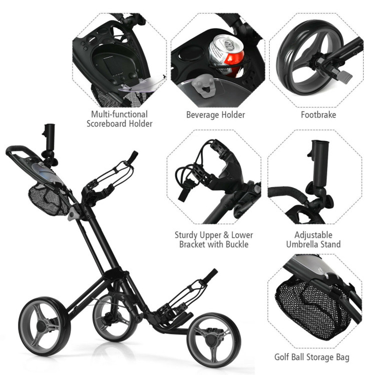 3-Wheel Folding Golf Push Cart with Brake, Scoreboard, & Adjustable Handle product image