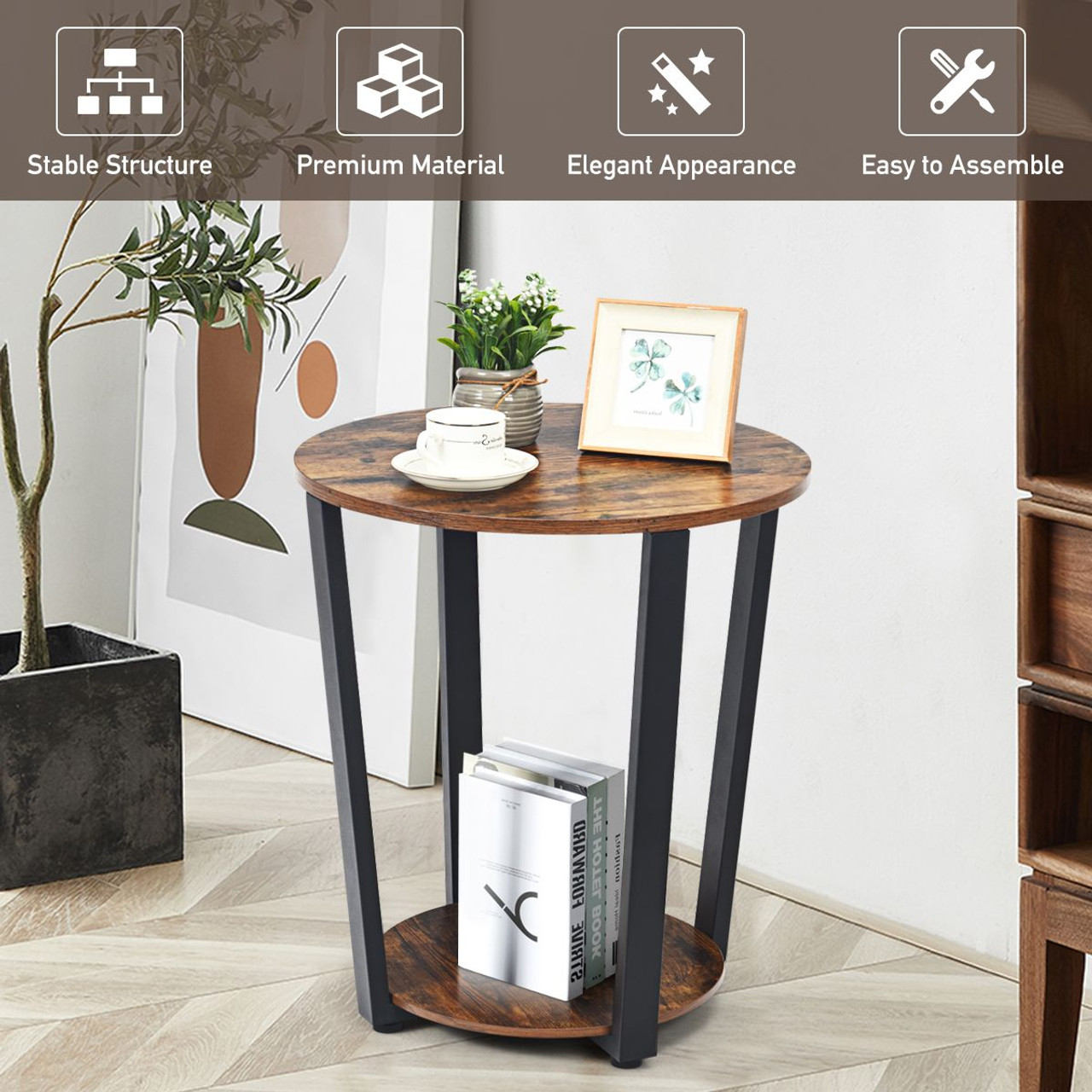 2-Tier Round End Tables with Storage Shelves & Metal Frames (Set of 2) product image