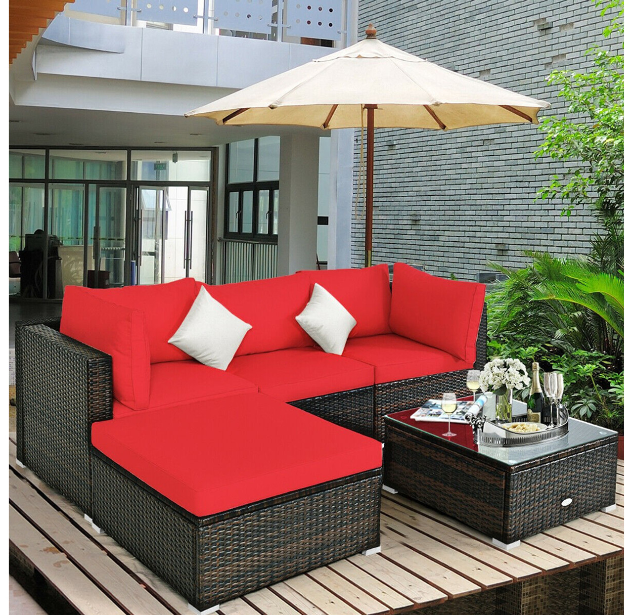 Rattan 5-Piece Outdoor Sofa Set with Glass Top Table product image