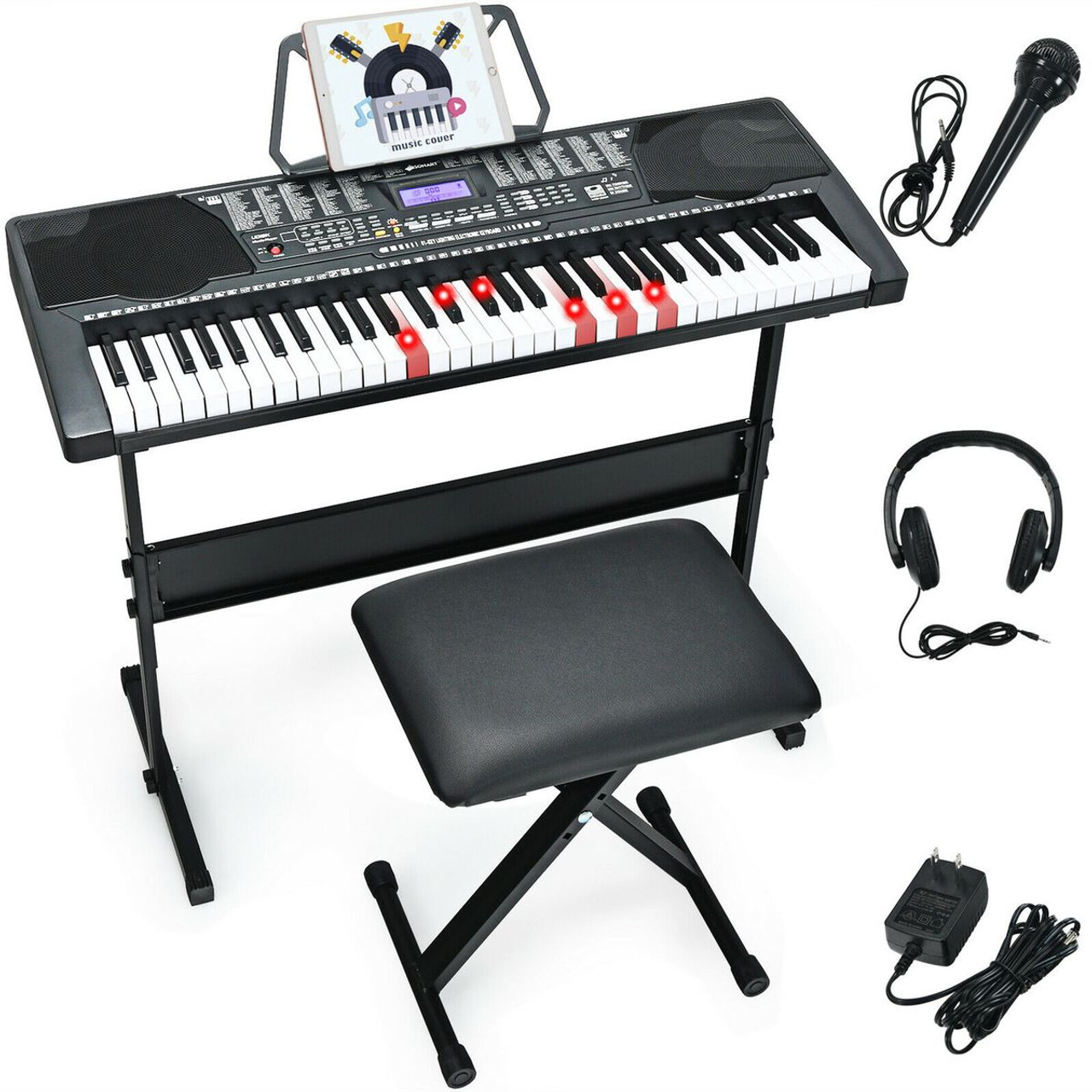 61-Key Electronic Keyboard Piano with Lighted Keys and Bench product image