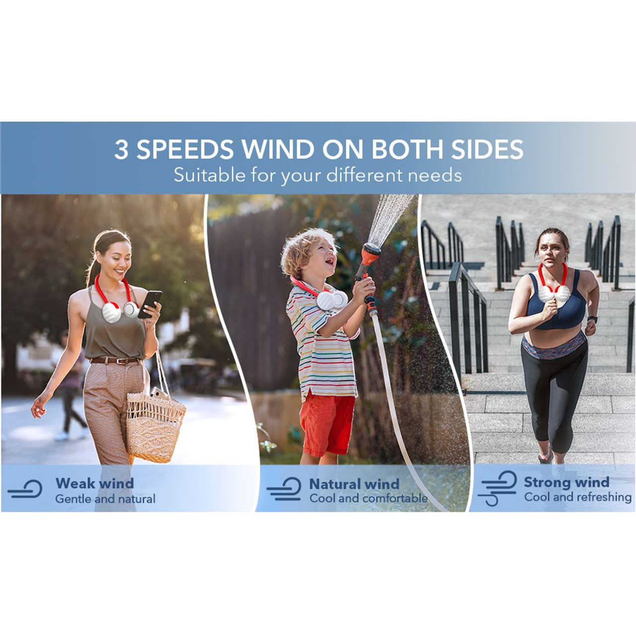 Rechargeable Portable LED Neck Fan with 3 Speeds product image