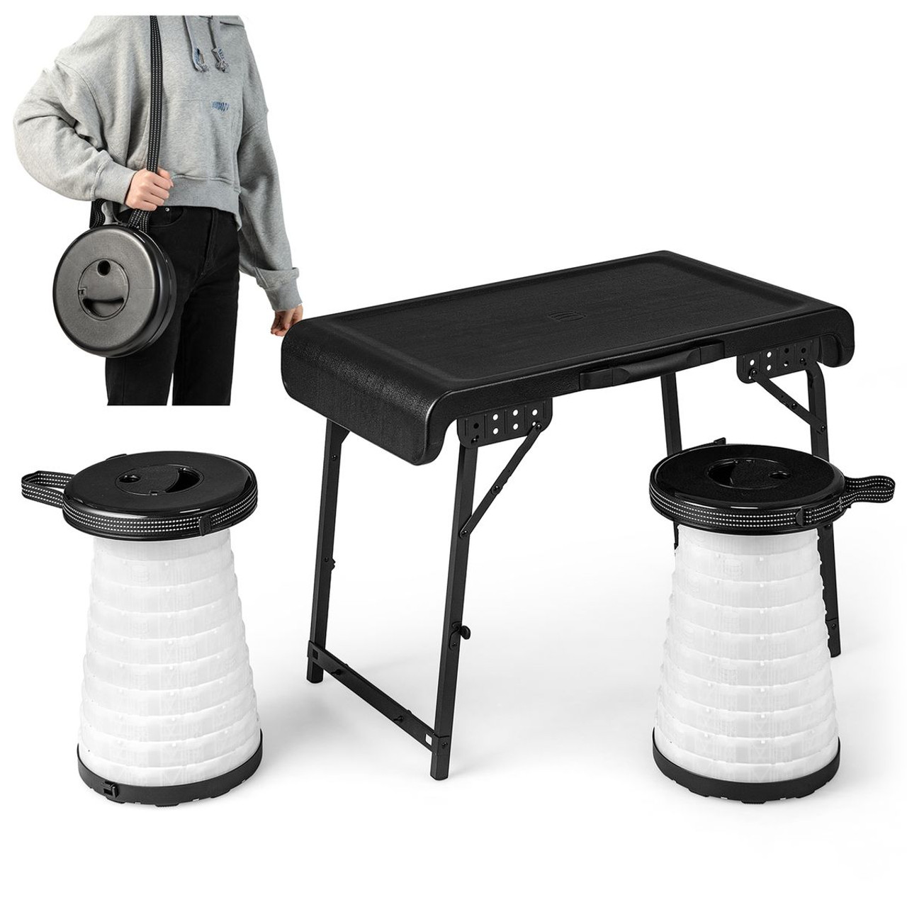 3-Piece Folding Camping Table Stool Set with 2 Retractable LED Stools product image