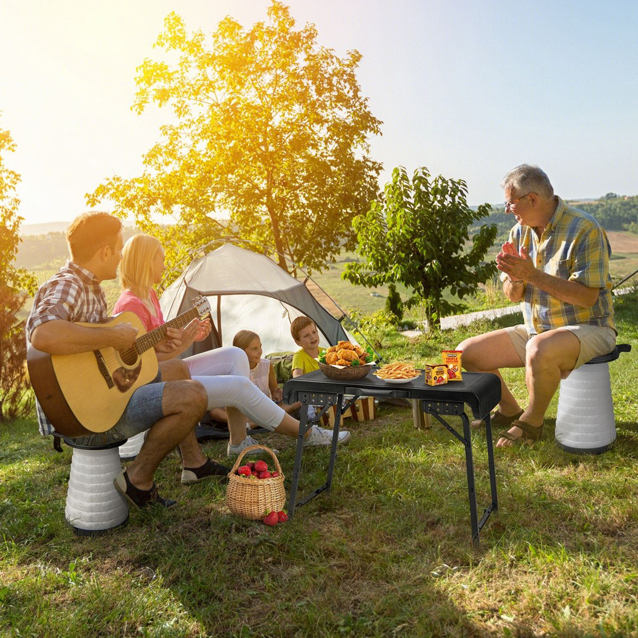 3-Piece Folding Camping Table Stool Set with 2 Retractable LED Stools product image