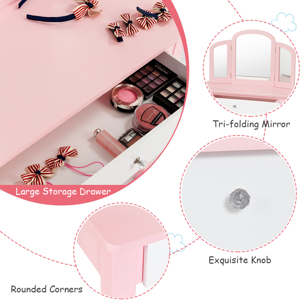 Kids' Princess Make-up Dressing Table with Tri-Folding Vanity Mirror & Chair product image