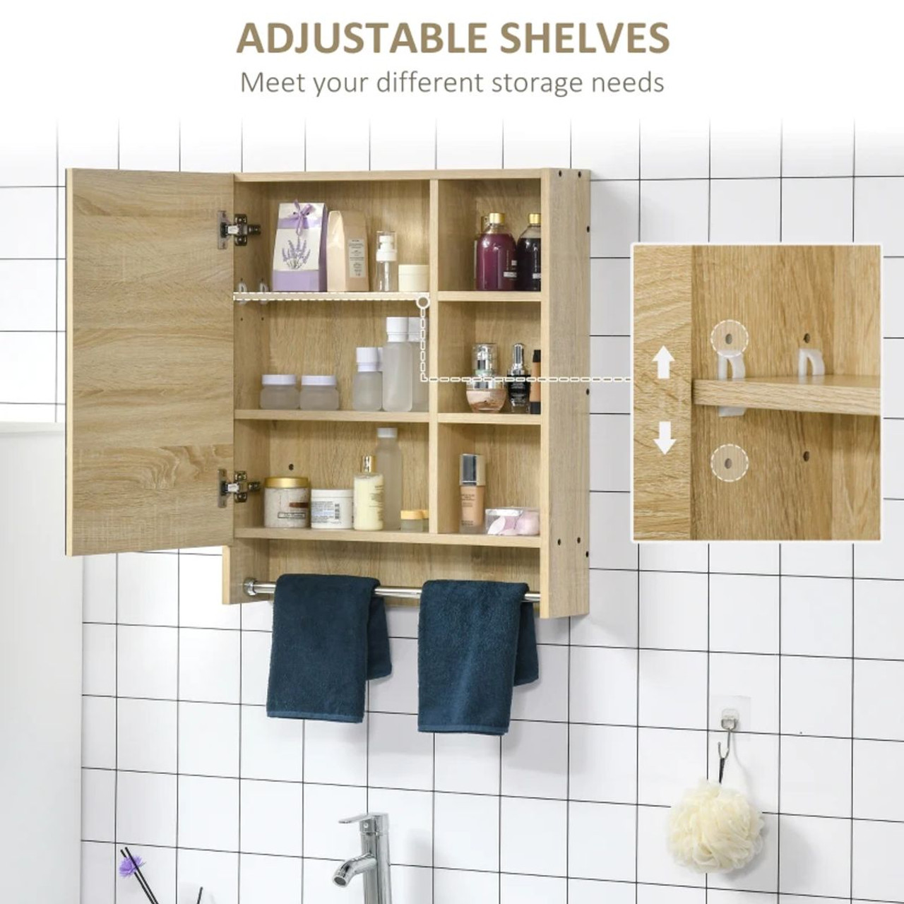 Wall-Mounted Bathroom Mirror Medicine Cabinet with Shelves & Towel Rack product image