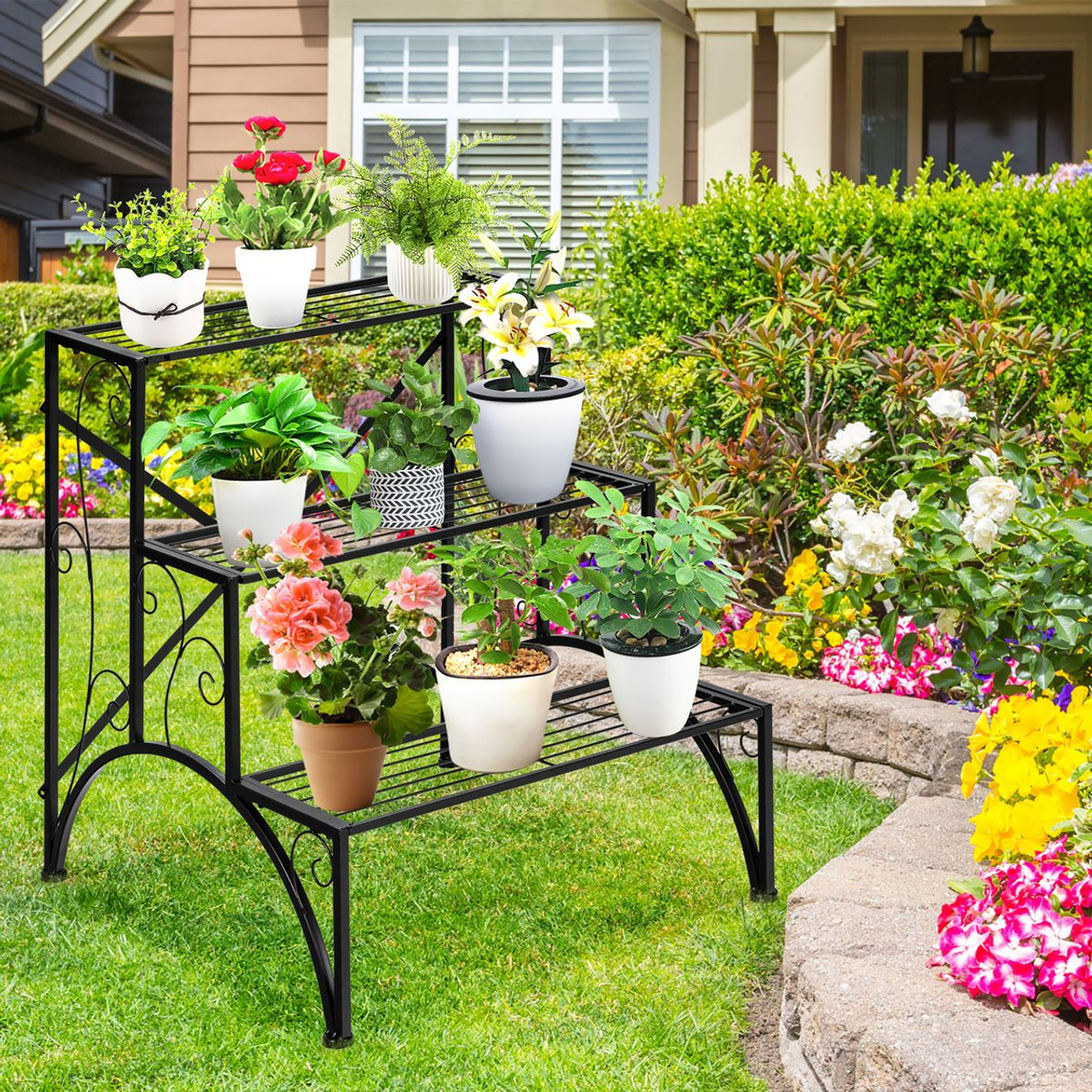 3-Tier Metal Plant Rack Garden Shelf in Stair Style product image