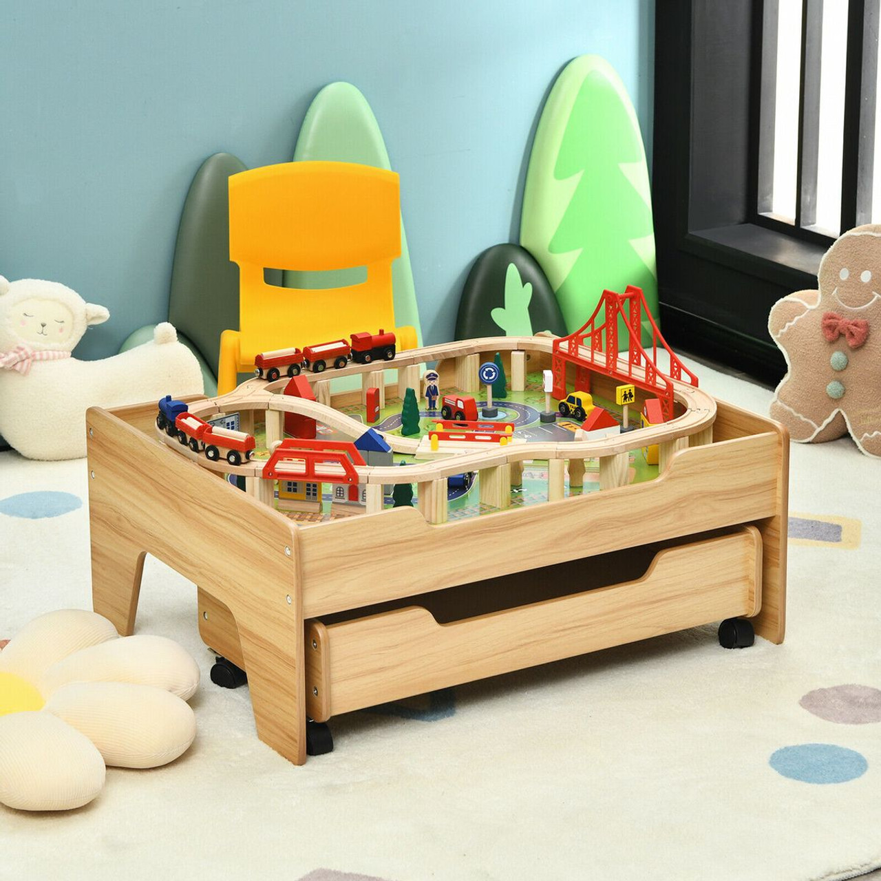 Kids' Wooden Railway Set Table with Storage Drawers & 100 Pieces product image