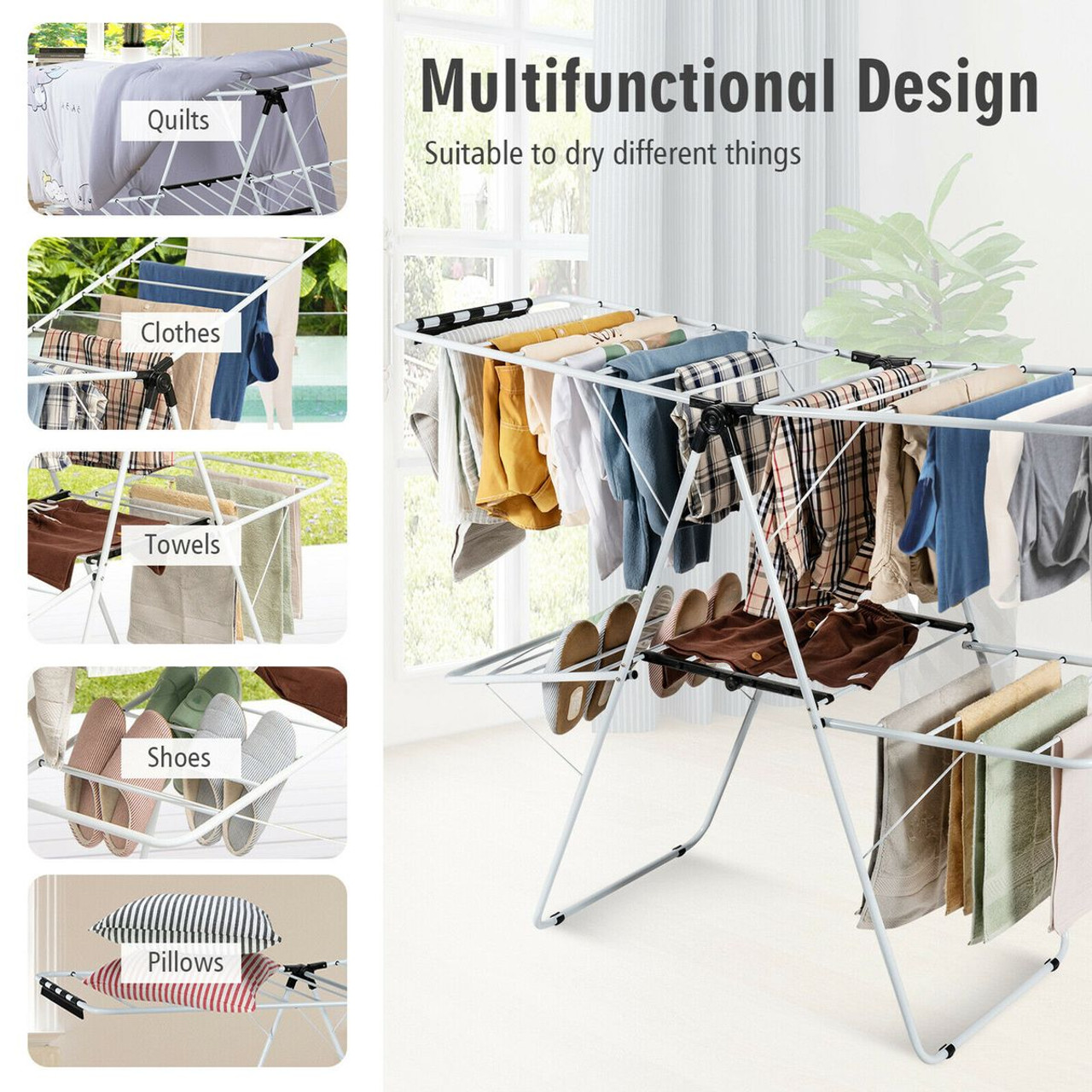 2-Level Foldable Clothes Drying Rack with Adjustable Gullwing product image