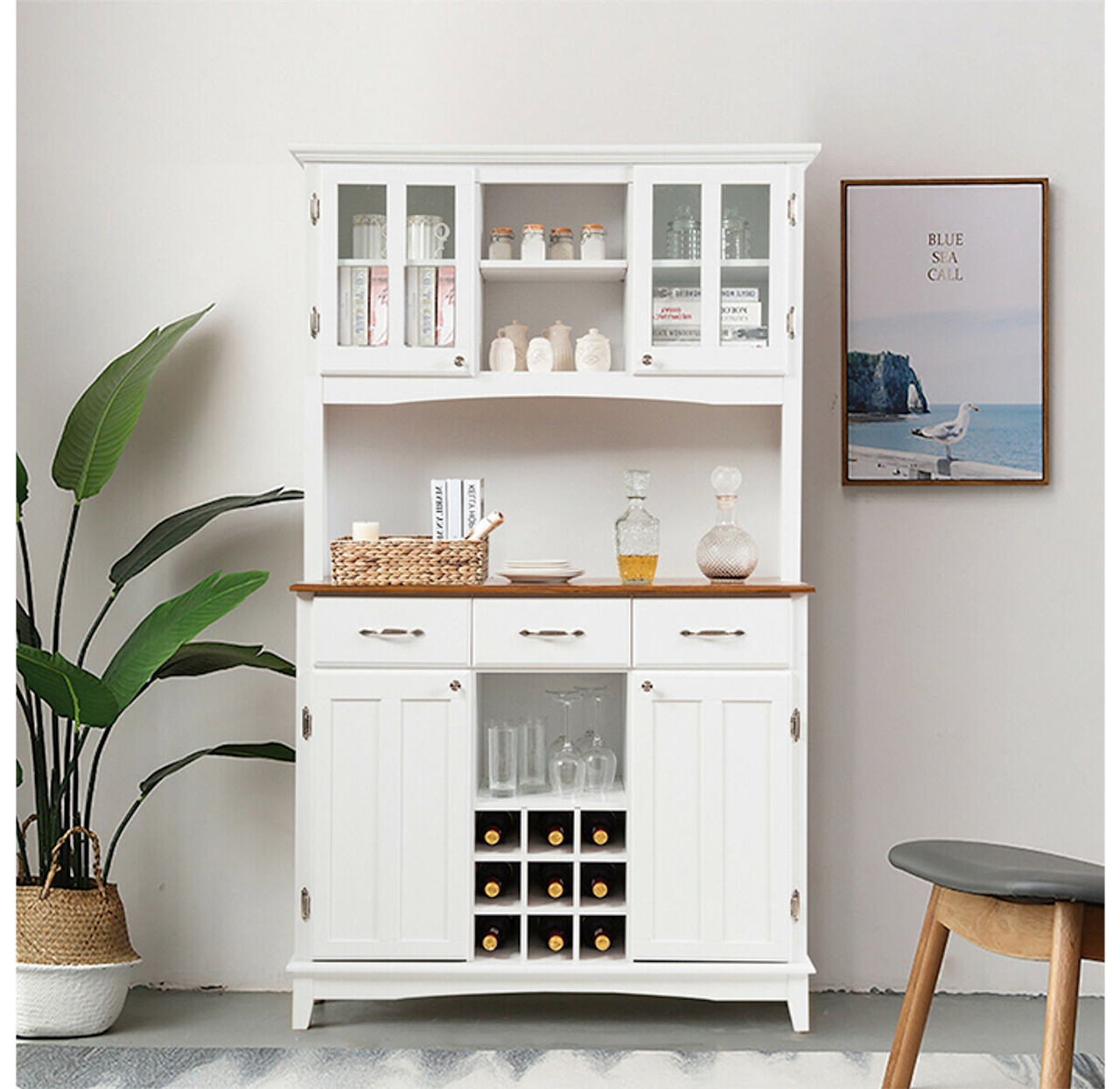 White Buffet and Hutch Kitchen Storage Cabinet product image