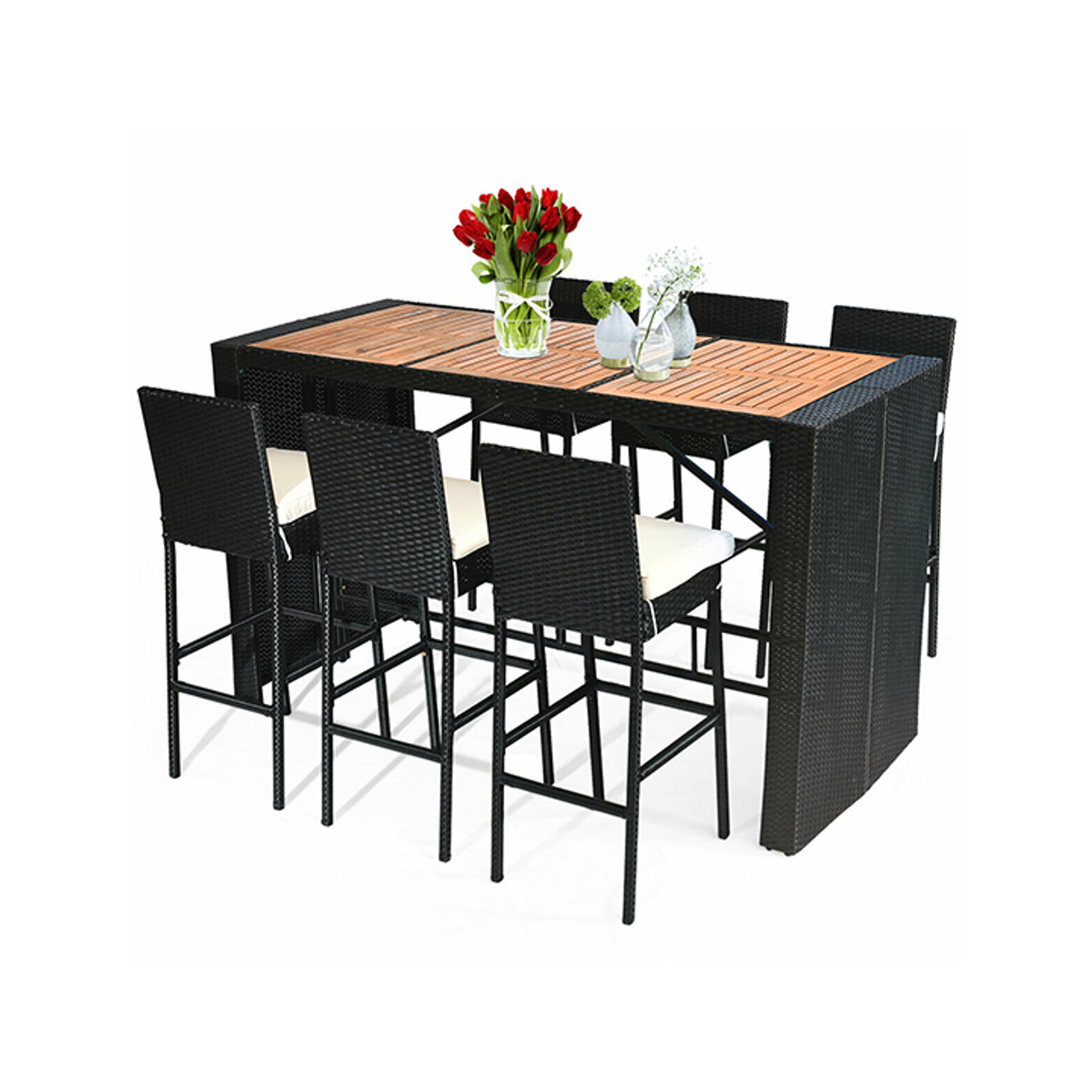 Rattan and Wood 7-Piece Bar Height Patio Dining Set product image